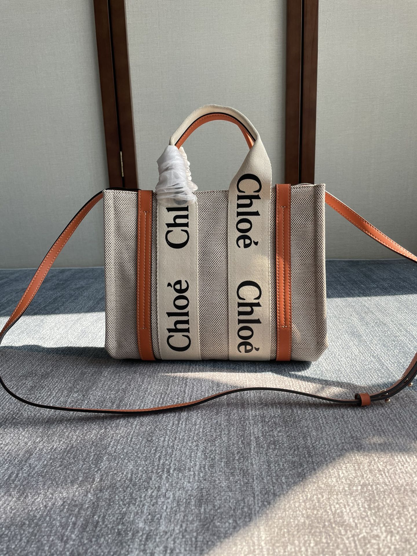 Chloé WOODY Medium Tote Bag Beige Orange Leather Linen