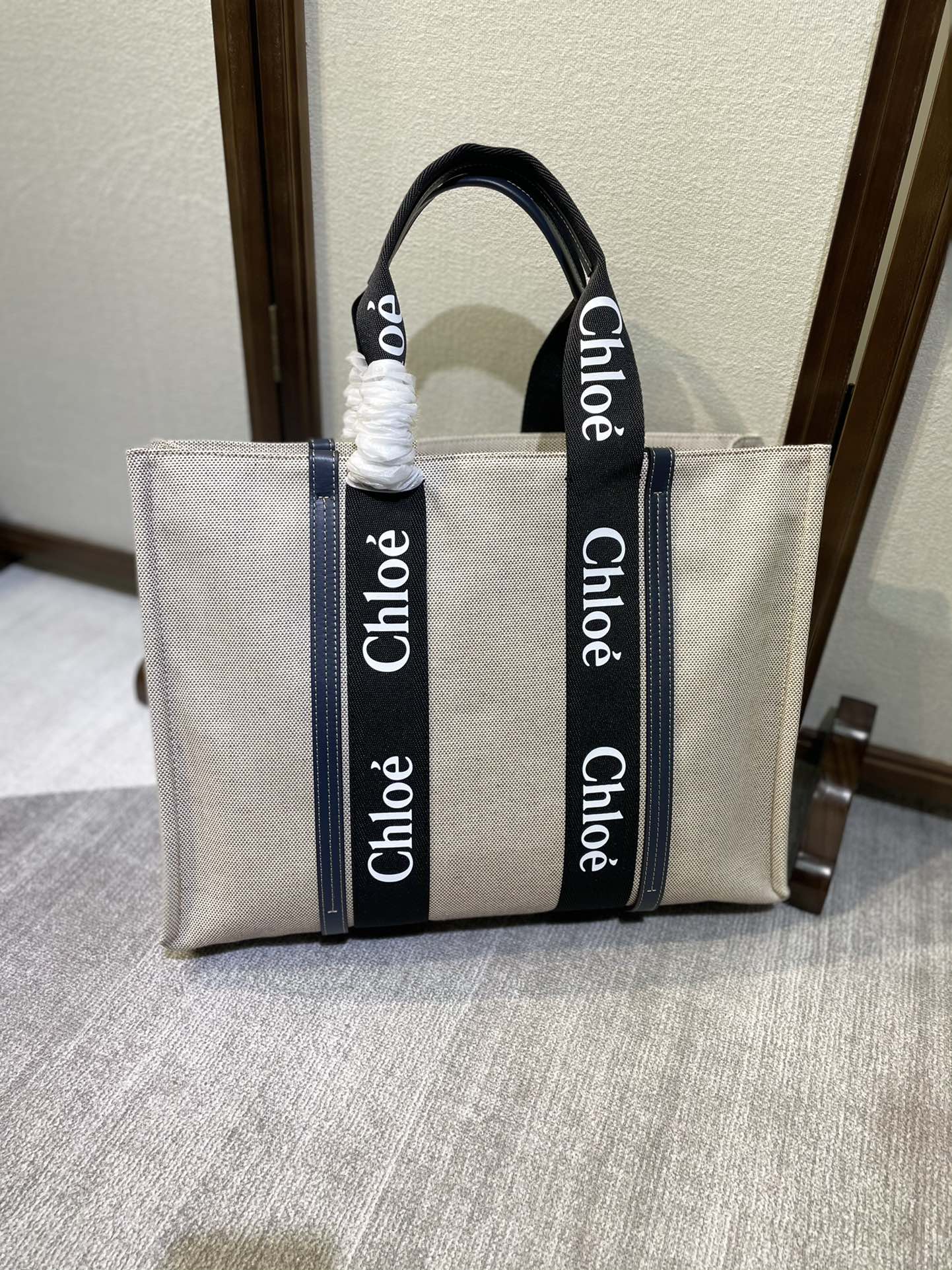 Chloe woody Medium Beige x black Tote bag canvas x leather