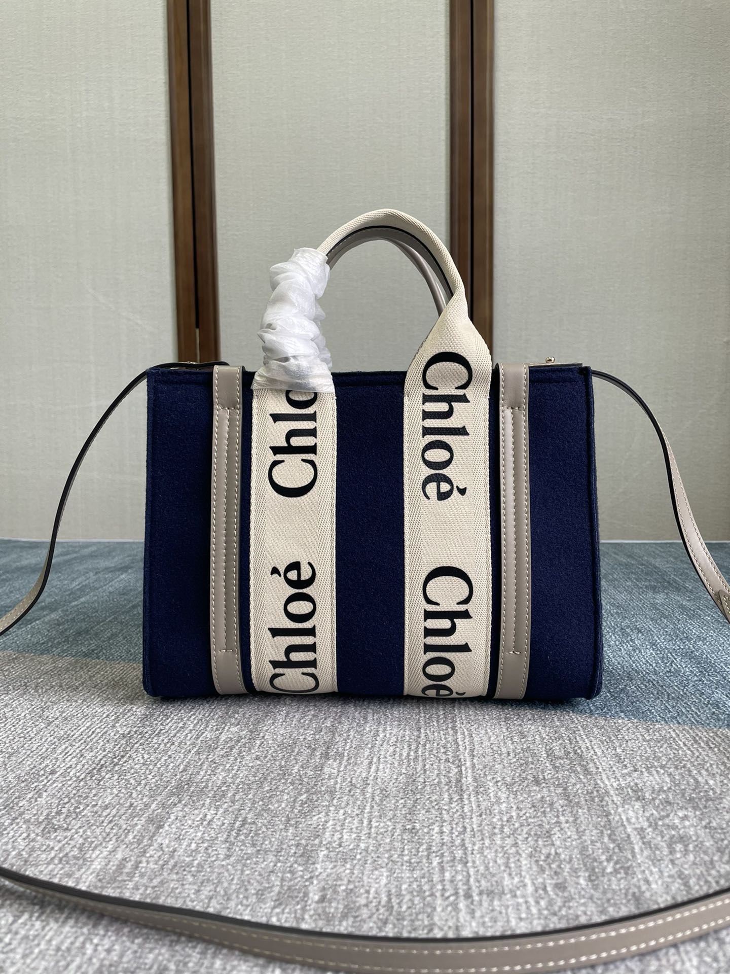 Chloé Chloe Medium Woody Tote In White Canvas And Blue Suede Calfskin Leather on SAL