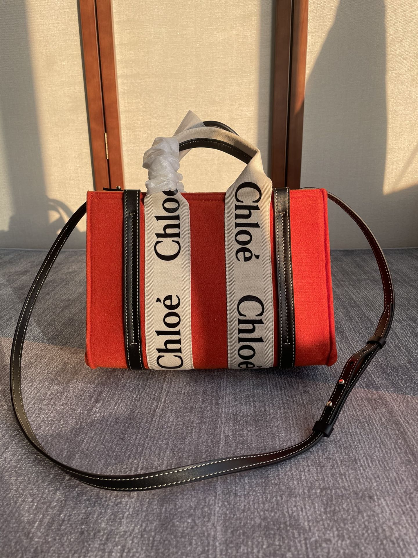Chloe Orange Wool/Leather Small Woody Tote Bag
