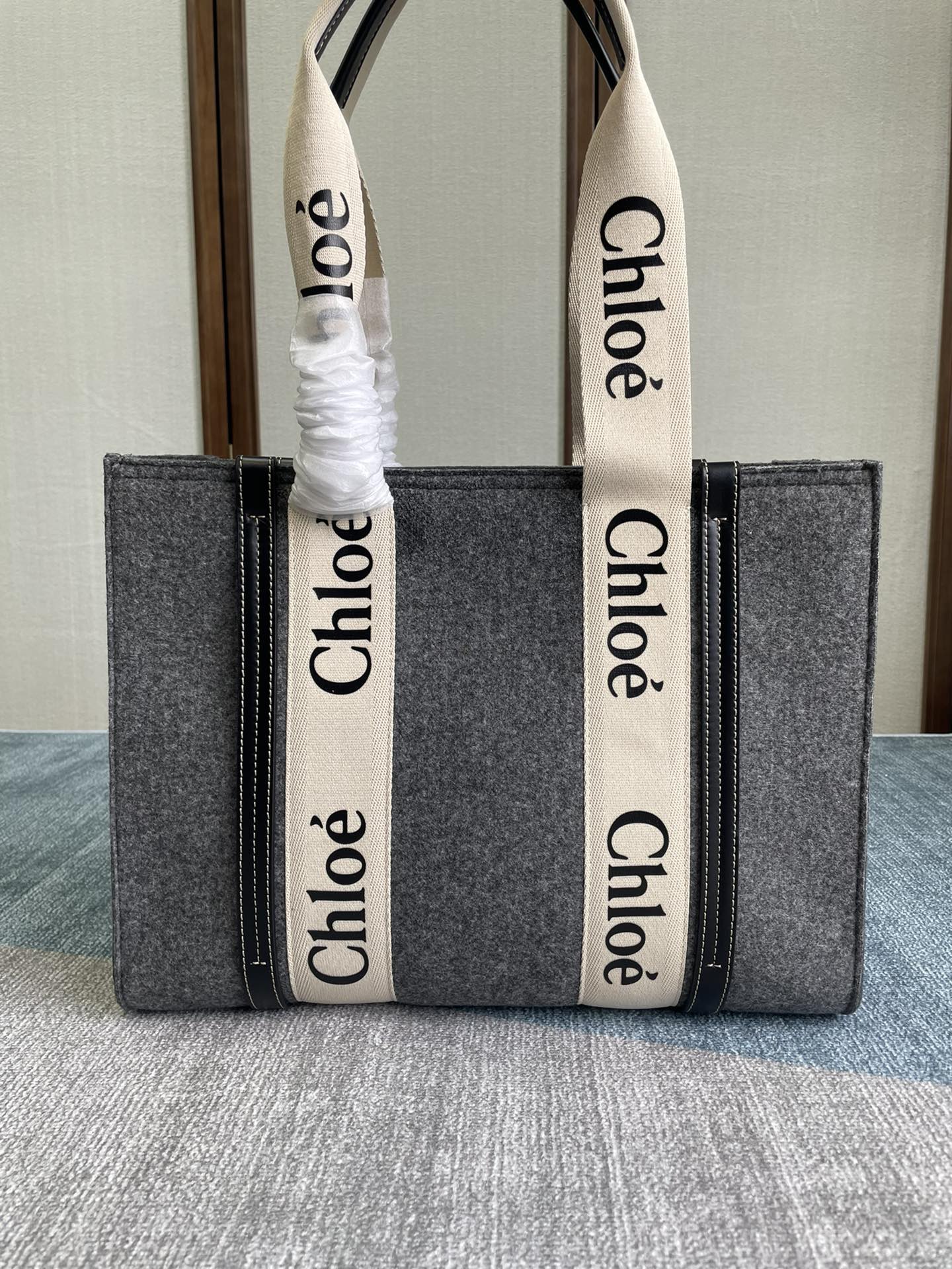 CHLOE Felt Large Woody Ribbon Tote Cashmere Grey