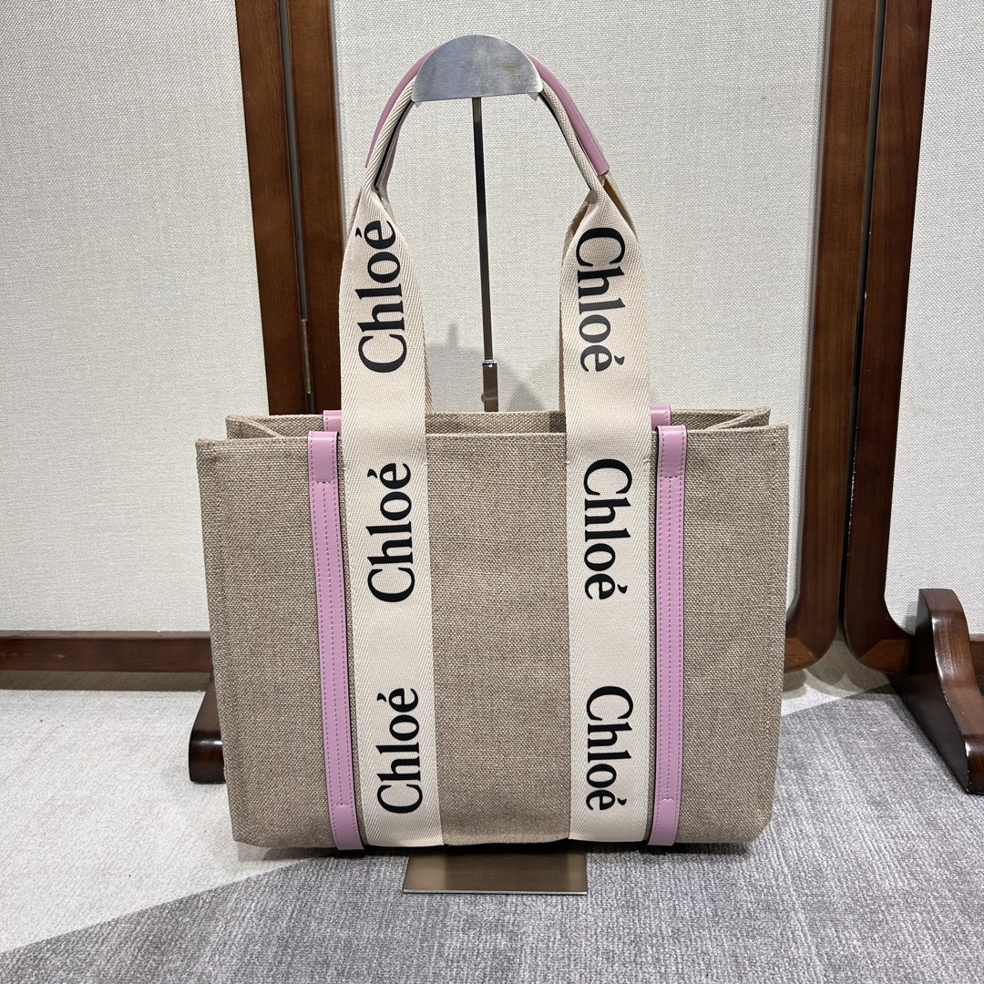 Chloé Woody Tote Bag In Linen in Cement pink