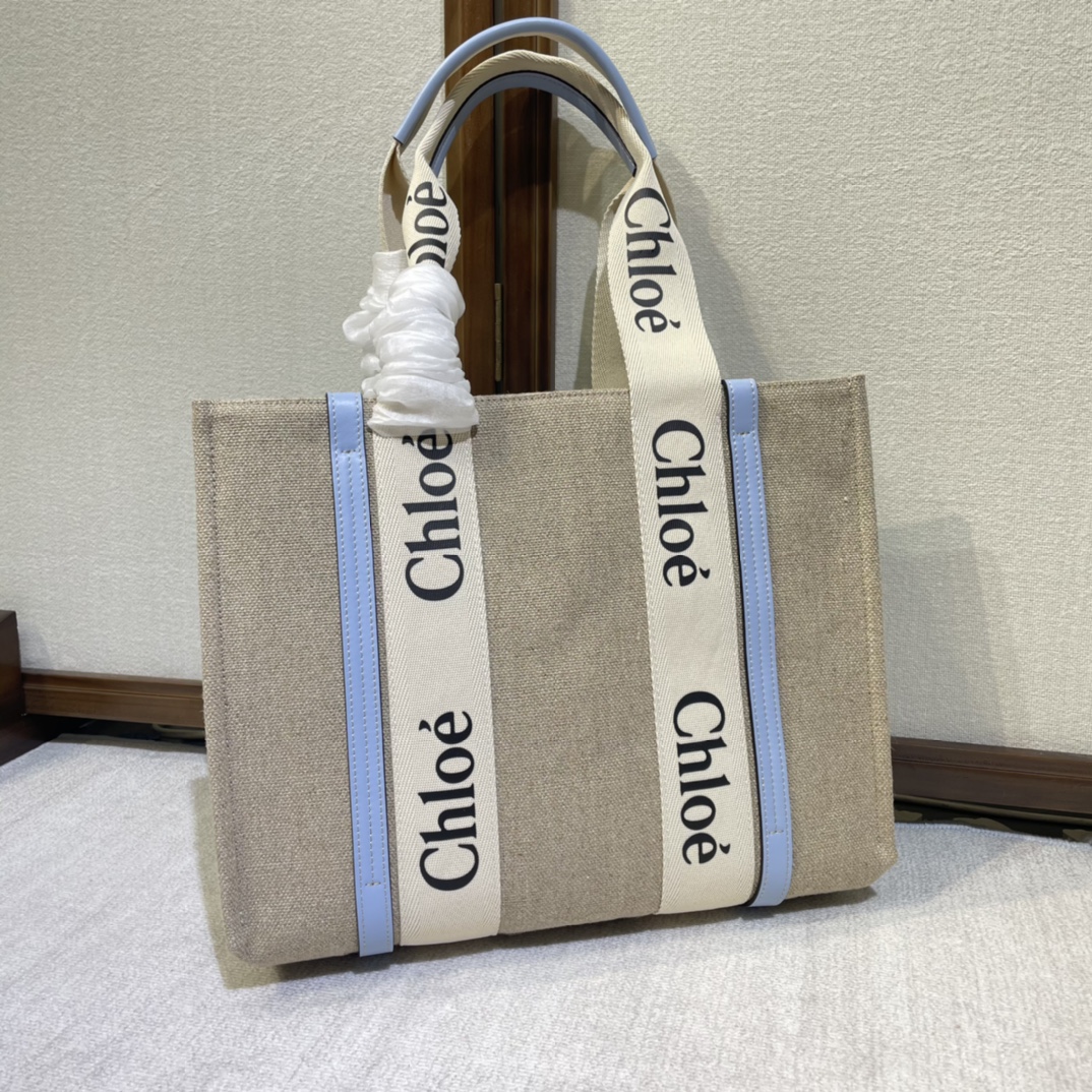 CHLOE Linen Calfskin Medium Woody Ribbon Tote White Light Blue 1153577