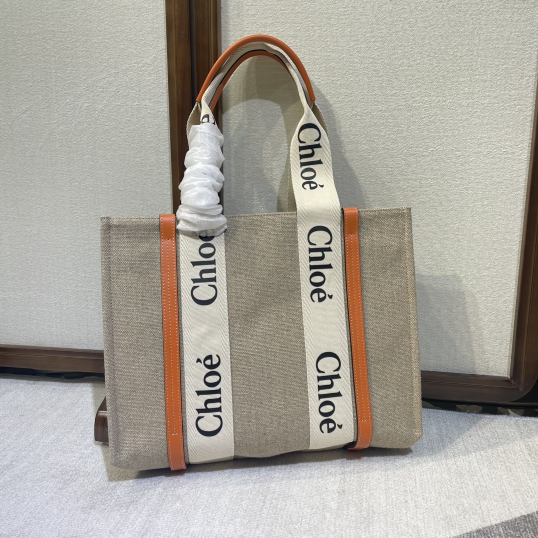 CHLOE Cotton Calfskin Medium Woody Ribbon Tote Terracotta