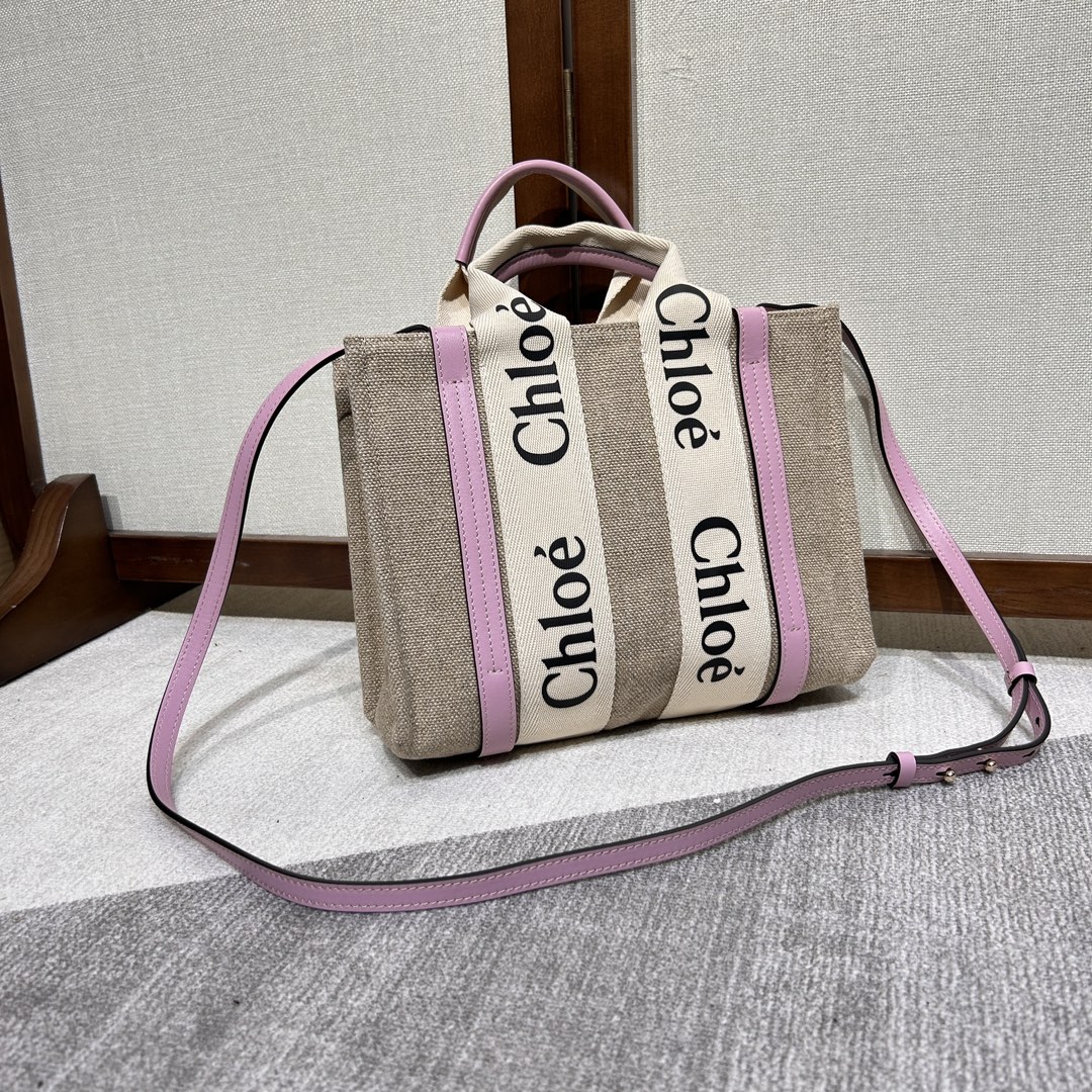 CHLOE Cotton Calfskin Small Woody Ribbon Tote With Strap pink Misty Lavender 1521314