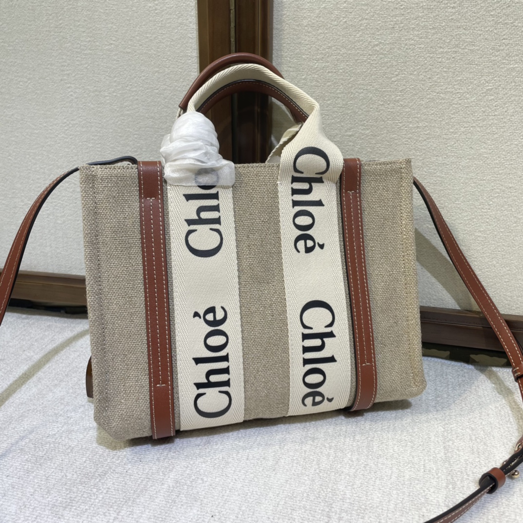 CHLOE Cotton Calfskin Small Woody Ribbon Tote With Strap brown