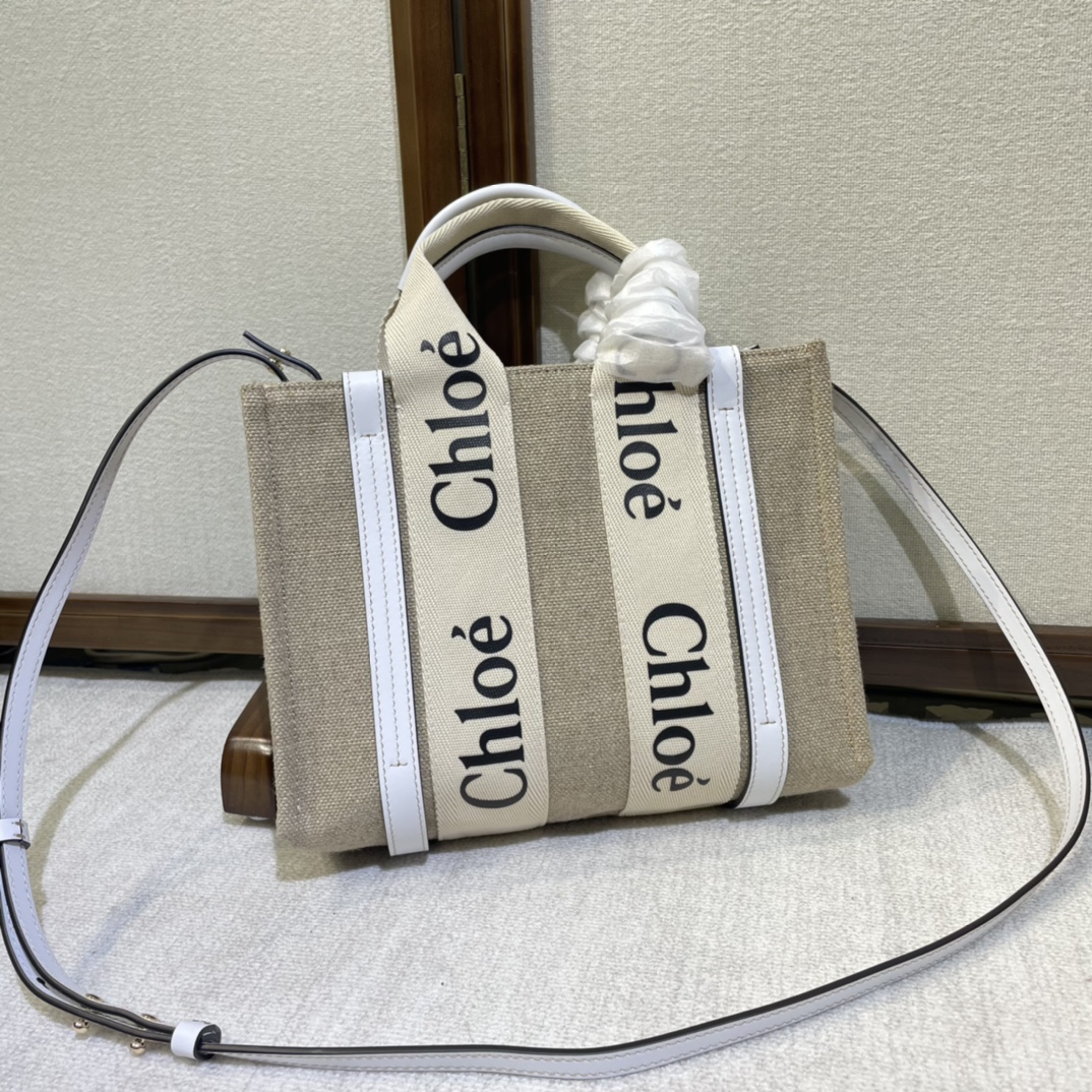 CHLOE Cotton Calfskin Mini Woody Ribbon Tote White Light Brown 161662