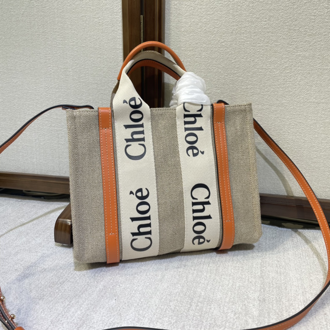Chloé WOODY Medium Tote Bag Beige Orange Leather Linen