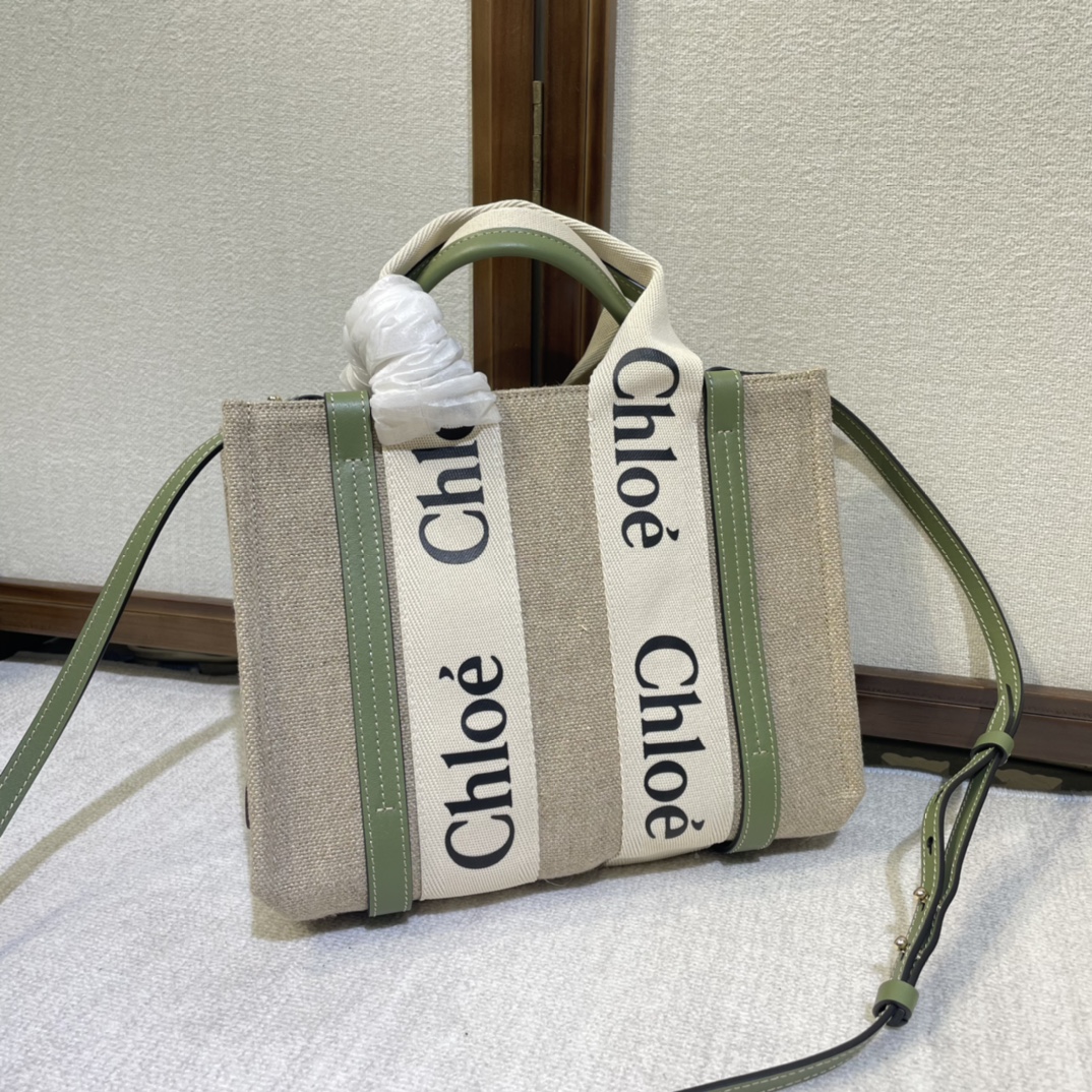 Chloe Tote Bag Woody Small Canvas Linen Leather Beige greenn