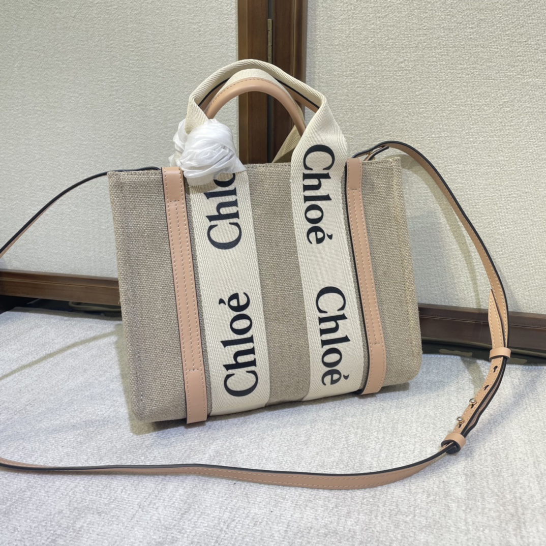 CHLOE Cotton Calfskin Small Woody Ribbon Tote With Strap White Pink 1523912 |