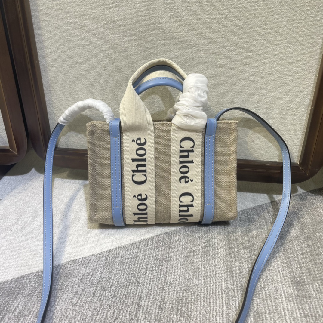 CHLOE Cotton Calfskin Mini Woody Ribbon Tote White Blue