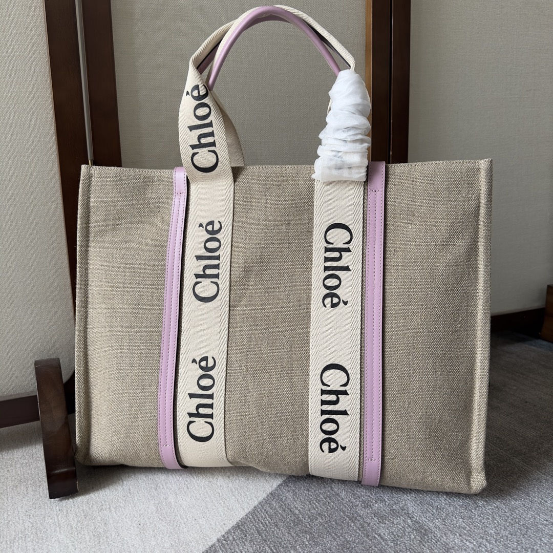 CHLOE Cotton Calfskin Nano Woody Ribbon Tote White Pink