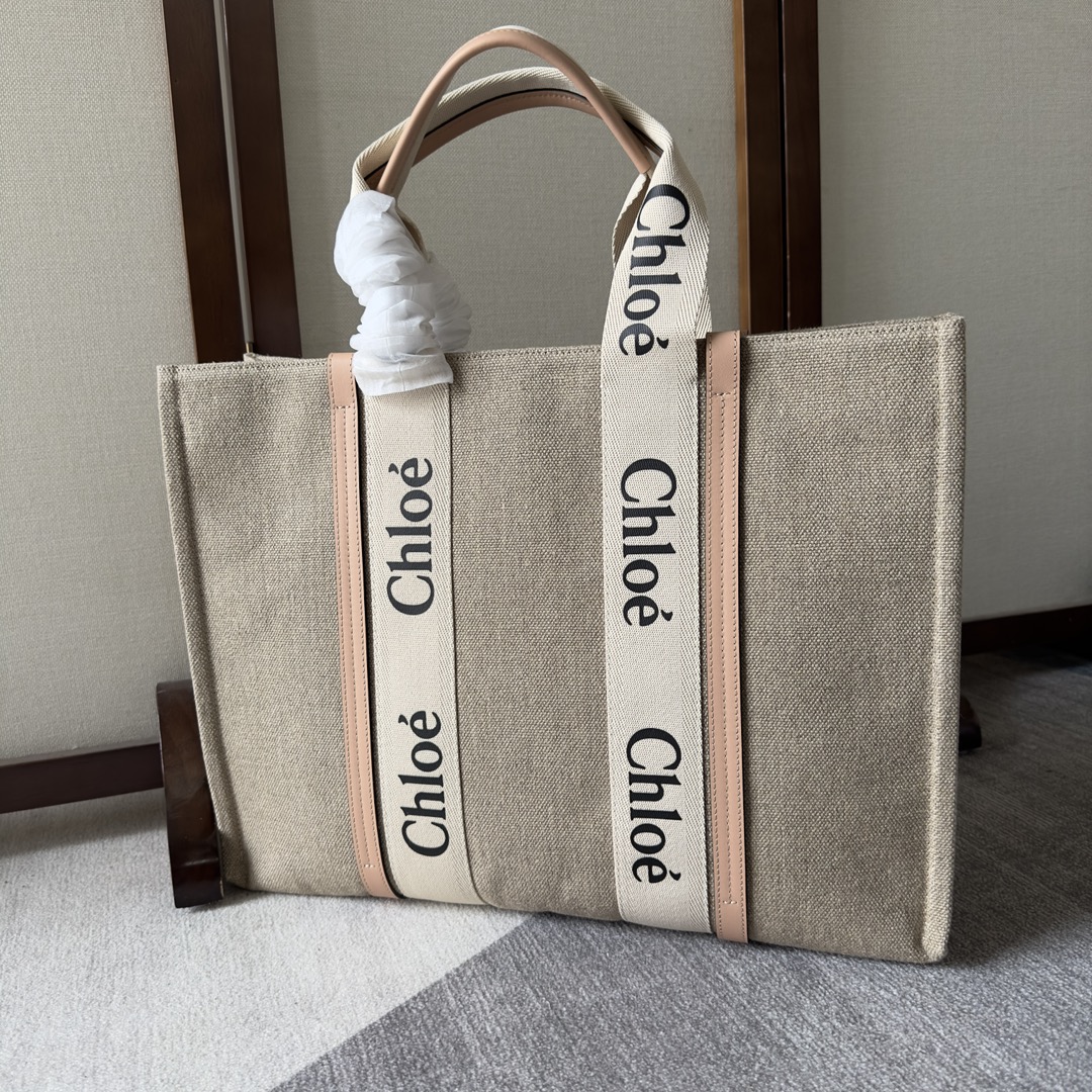 Chloé Woody Large Linen Canvas And Shiny Calfskin Tote Chloe 01218