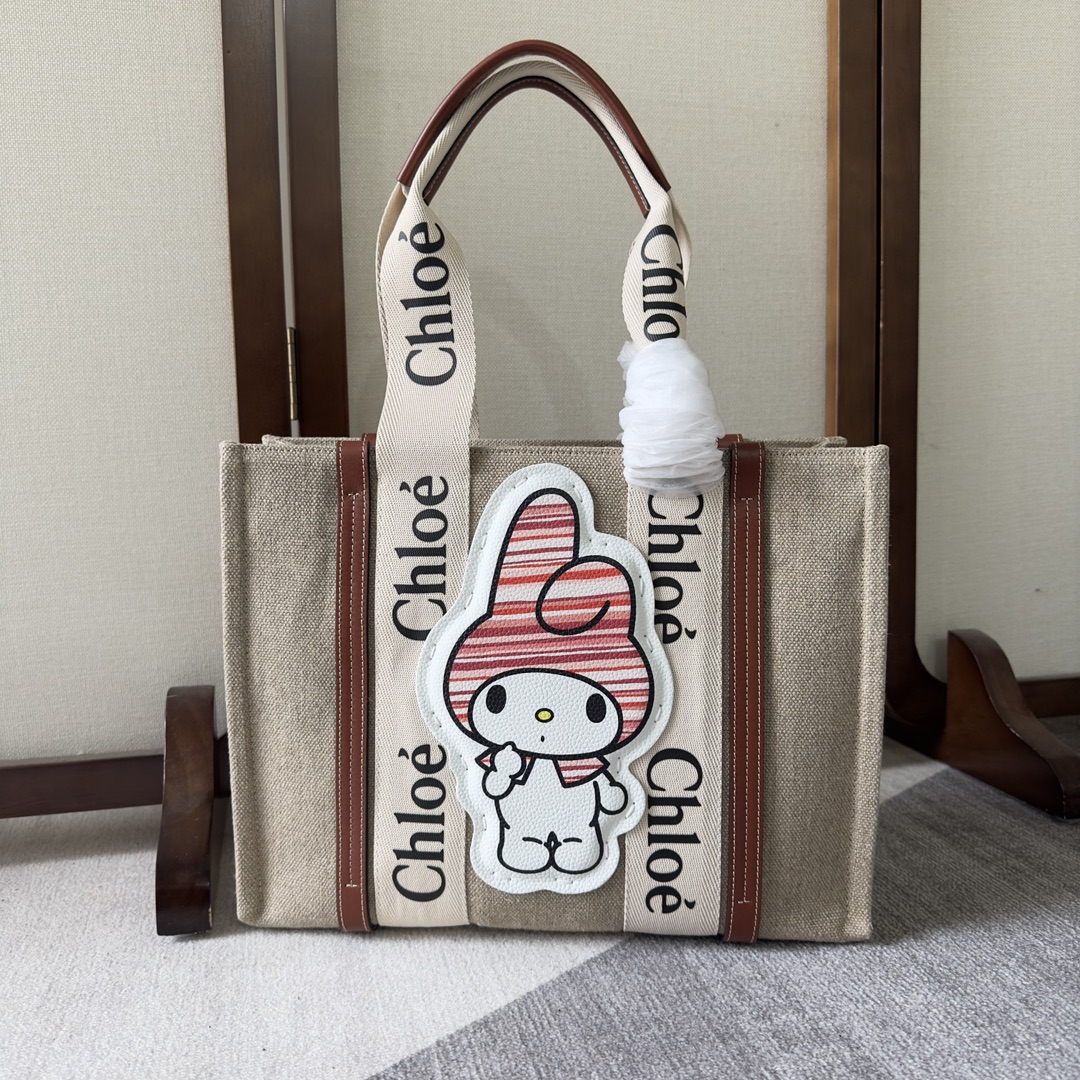 CHLOE Cotton Calfskin Medium Woody Ribbon Tote White