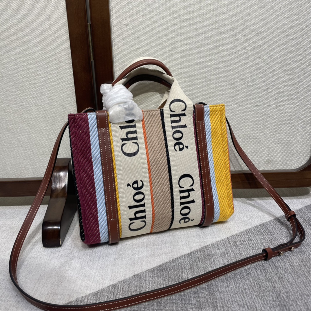 CHLOE Cotton Calfskin Small Woody Striped Ribbon Tote