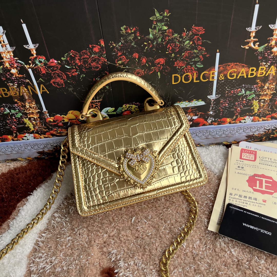 Dolce & Gabbana Small Devotion bag in foiled crocodile print in Gold for