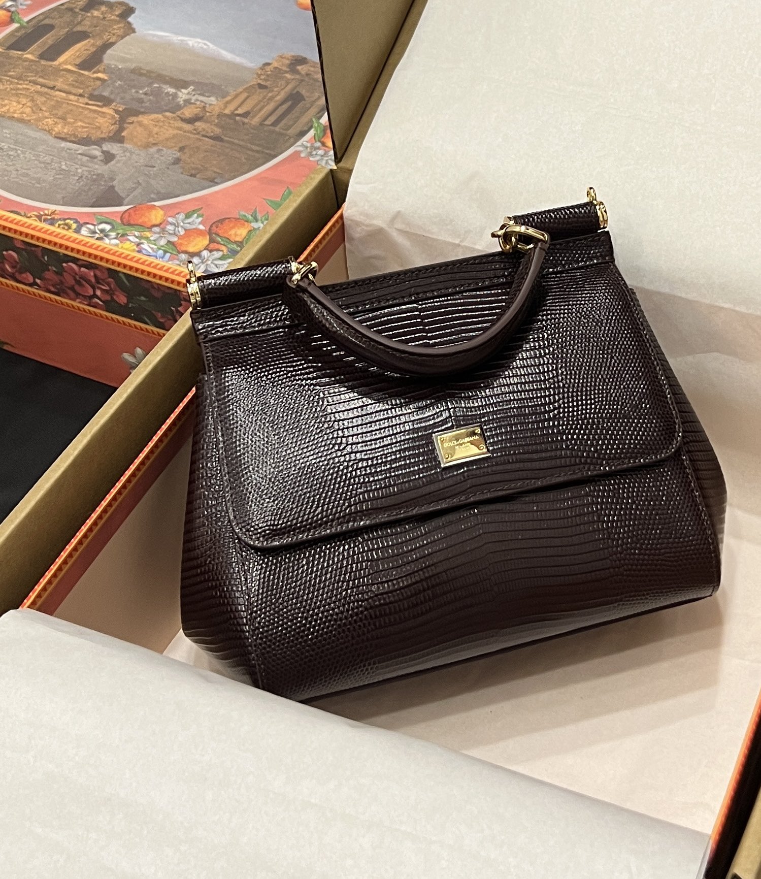 Dolce & Gabbana Burgundy black Lizard Embossed Leather Smal