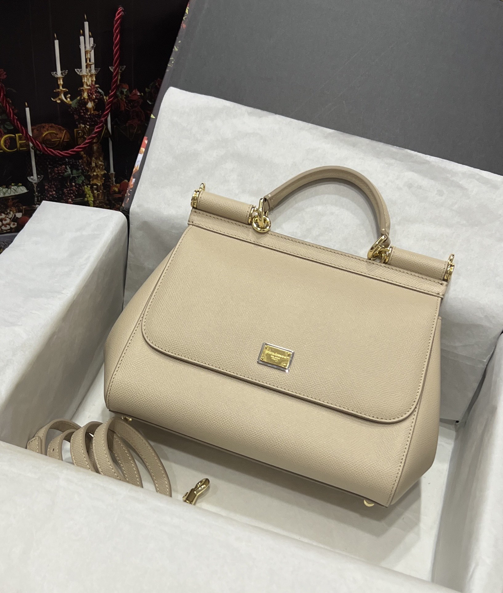 Dolce & Gabbana Beige Leather Medium Miss Sicily Top Handle