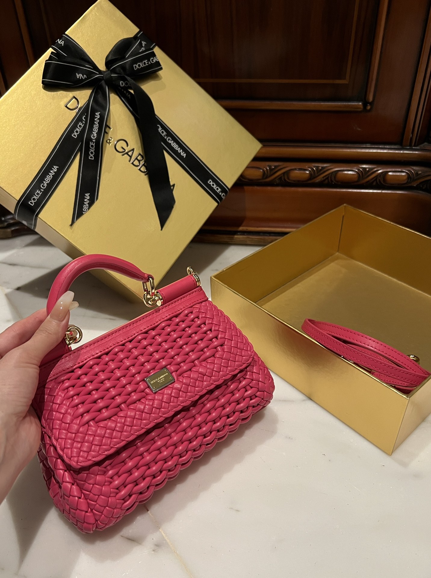 Dolce & Gabbana Fuchsia Leather Small Woven Sicily East West Top Handle Bag Dolce & Gabbana | TLC