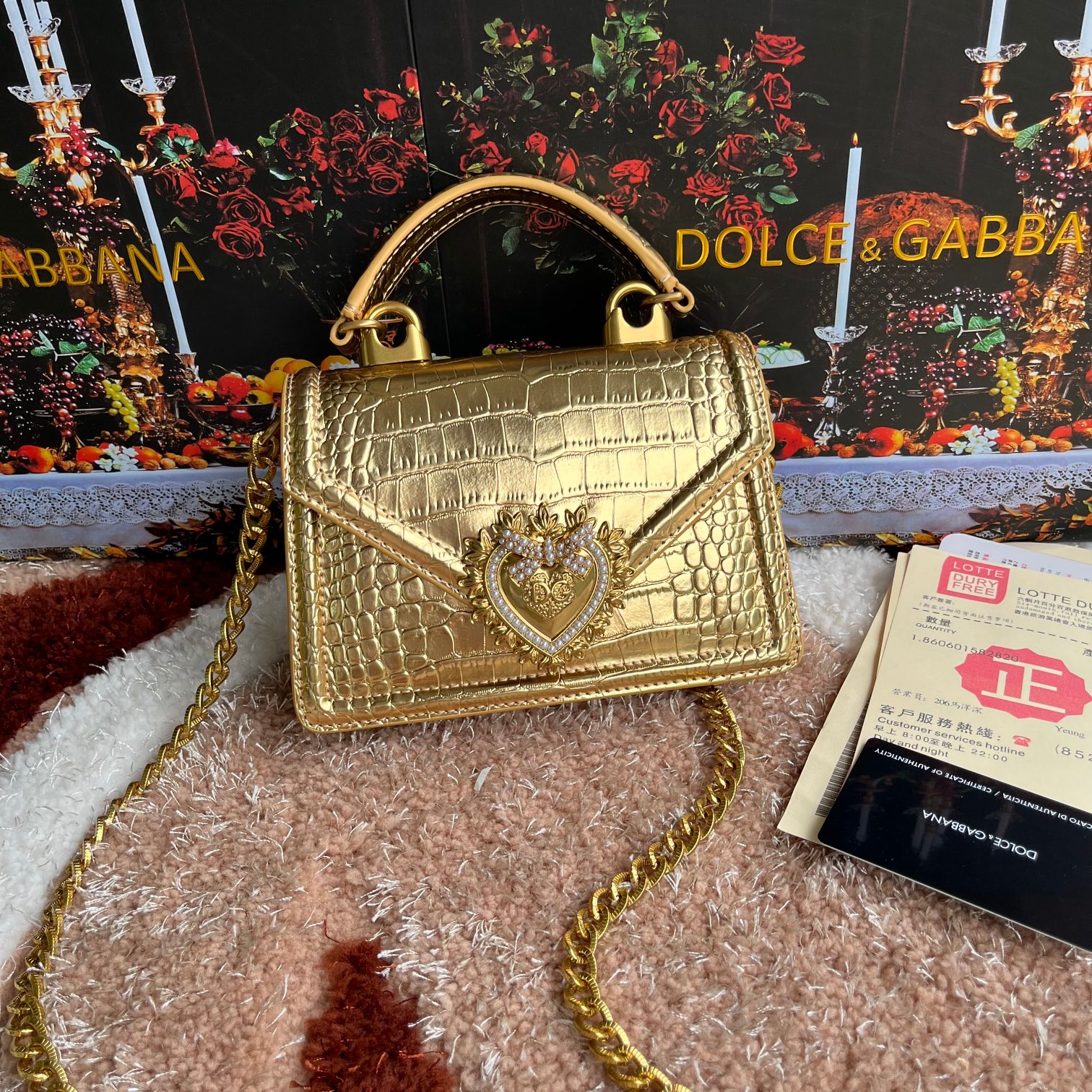 Dolce & Gabbana Small Devotion bag in foiled crocodile print in Gold for