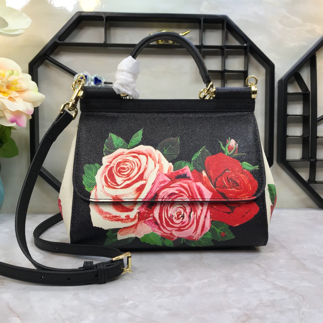 DOLCE & GABBANA Dauphine Roses Print Small Miss Sicily Satchel Black 315683