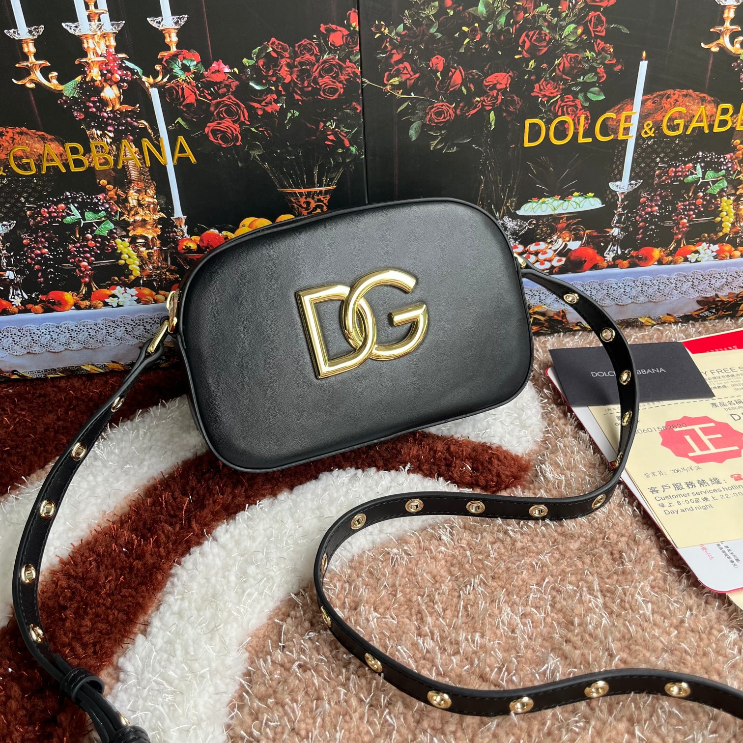 Dolce & Gabbana Women’s Black Leather Gold Metallic Logo Crossbody Bag