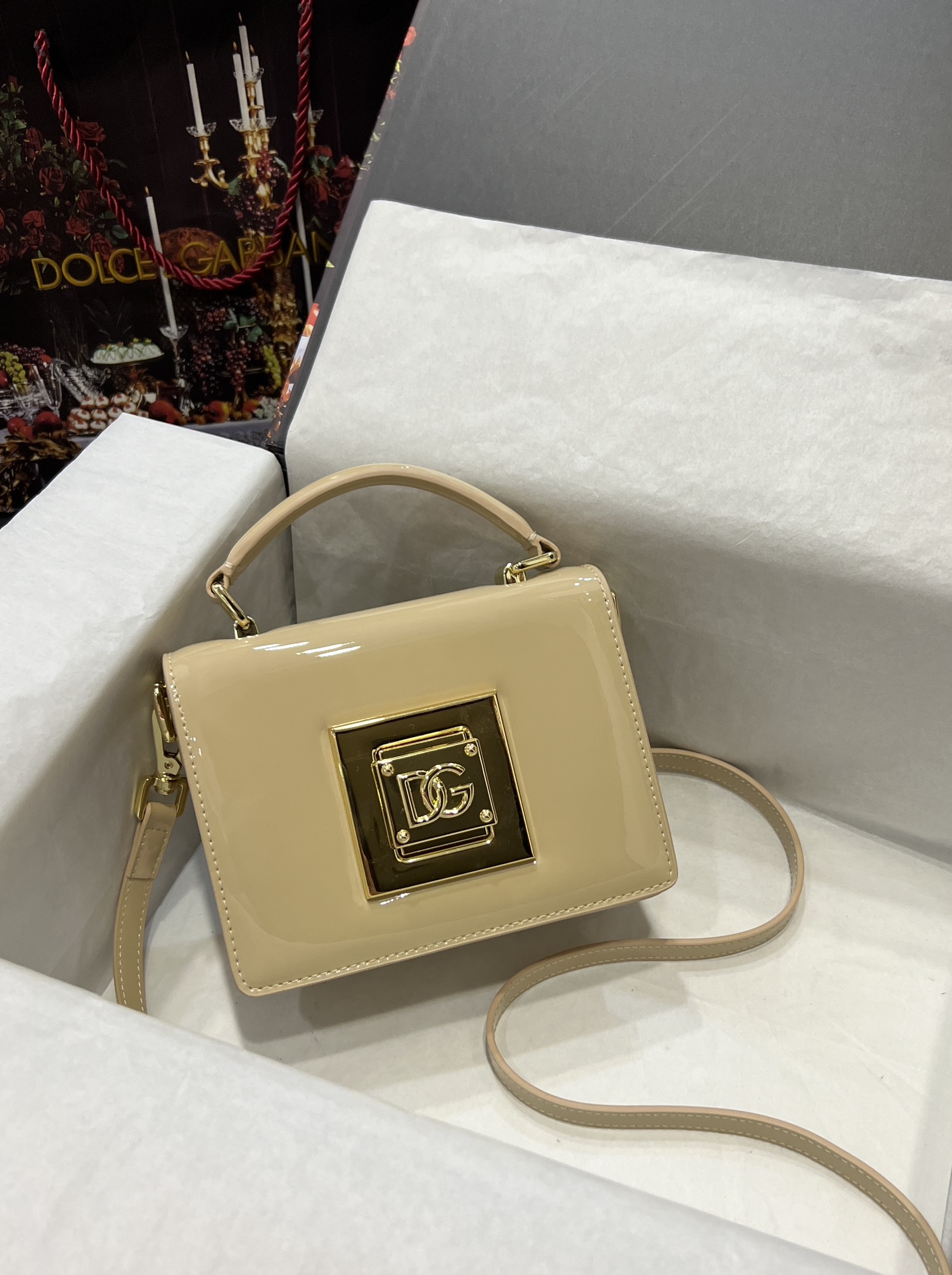 Dolce & Gabbana Dg Bella Shiny Leather Top Handle Bag In  cream  |