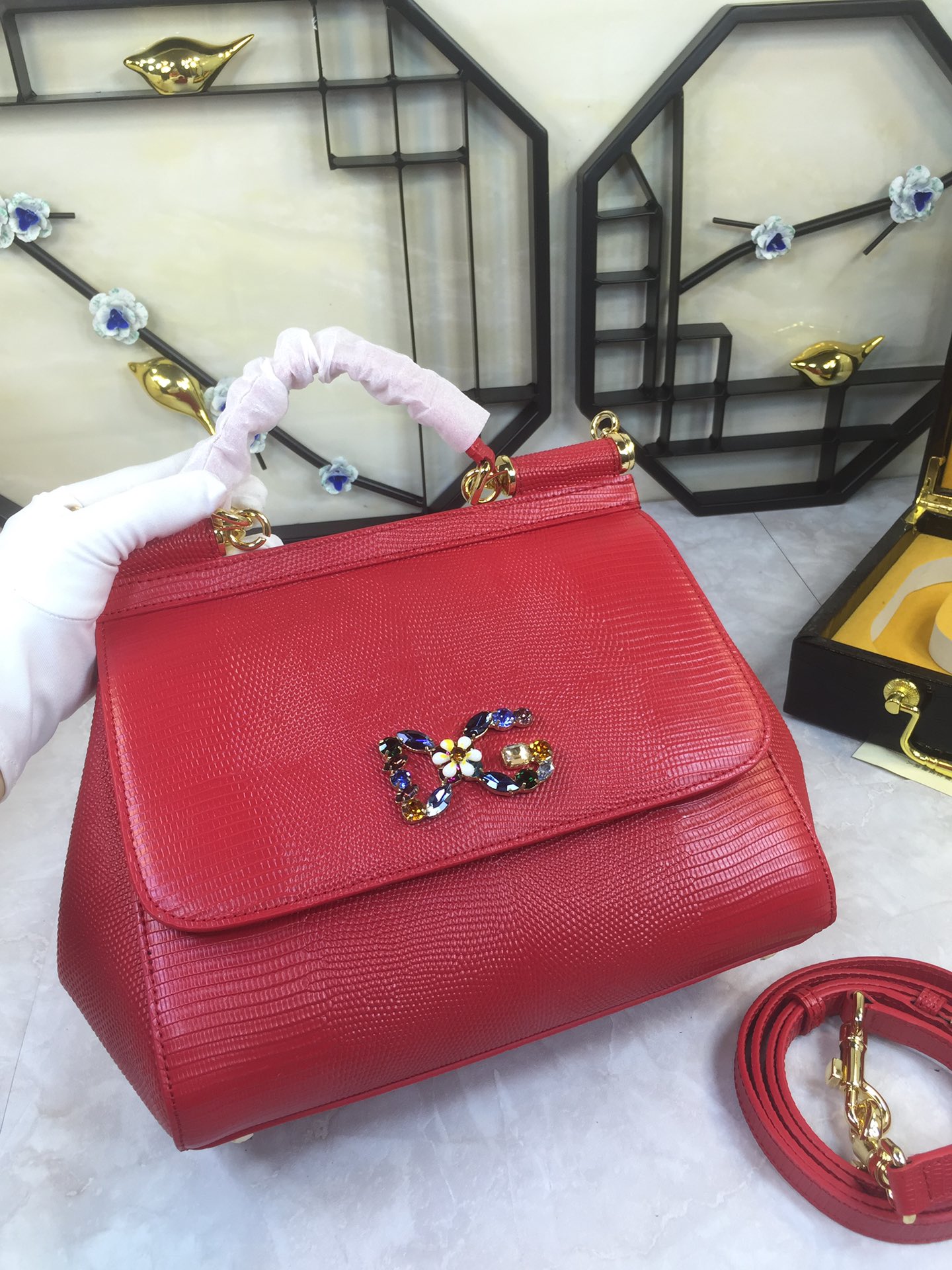 DOLCE & GABBANA Handbag Red Leather Sicily Logo Crystal