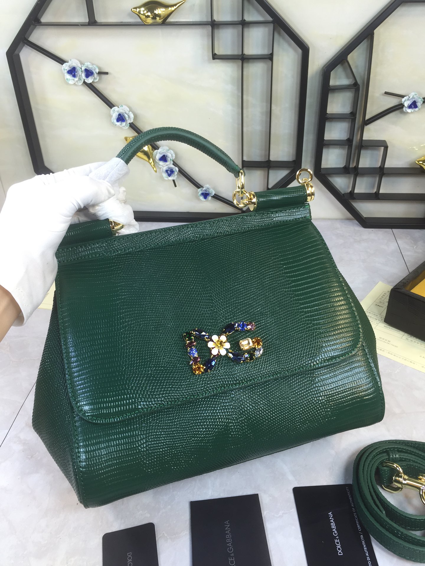 DOLCE & GABBANA Emerald Green Medium Sicily Bag Top Handle Millenials Logo stone