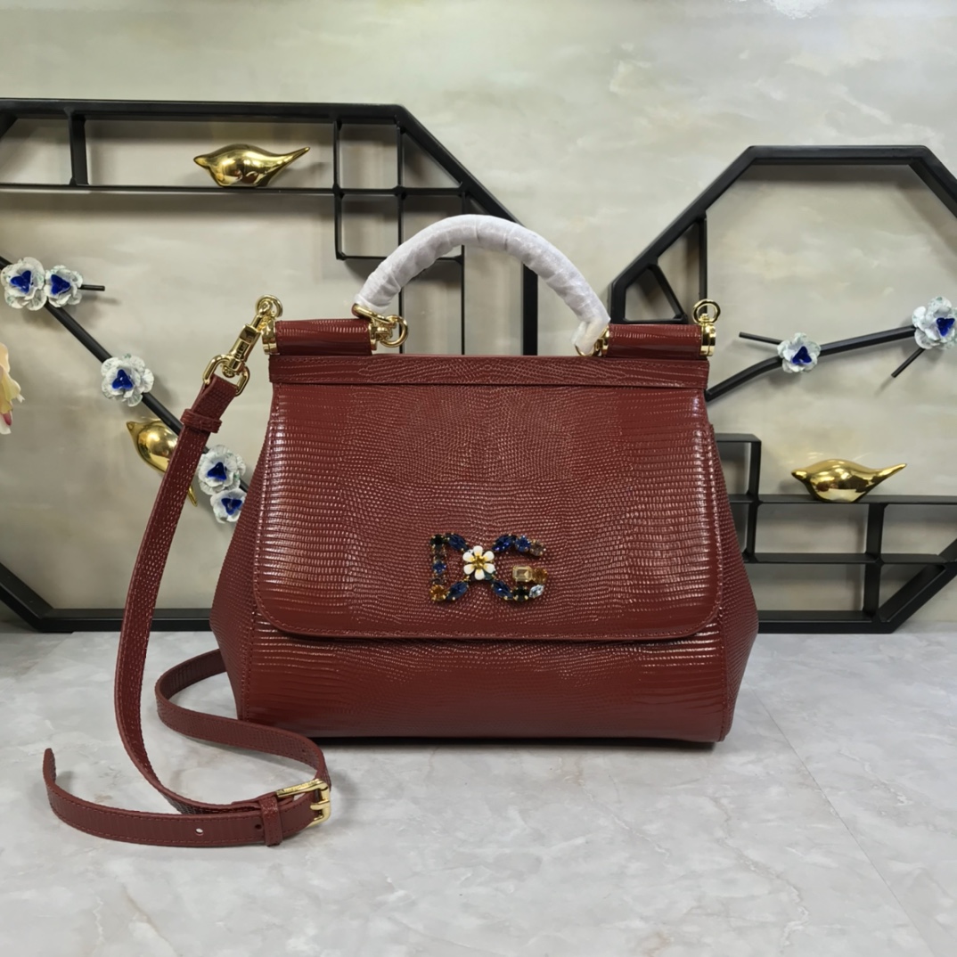 DOLCE & GABBANA Handbag Red Leather Sicily Logo Crystal