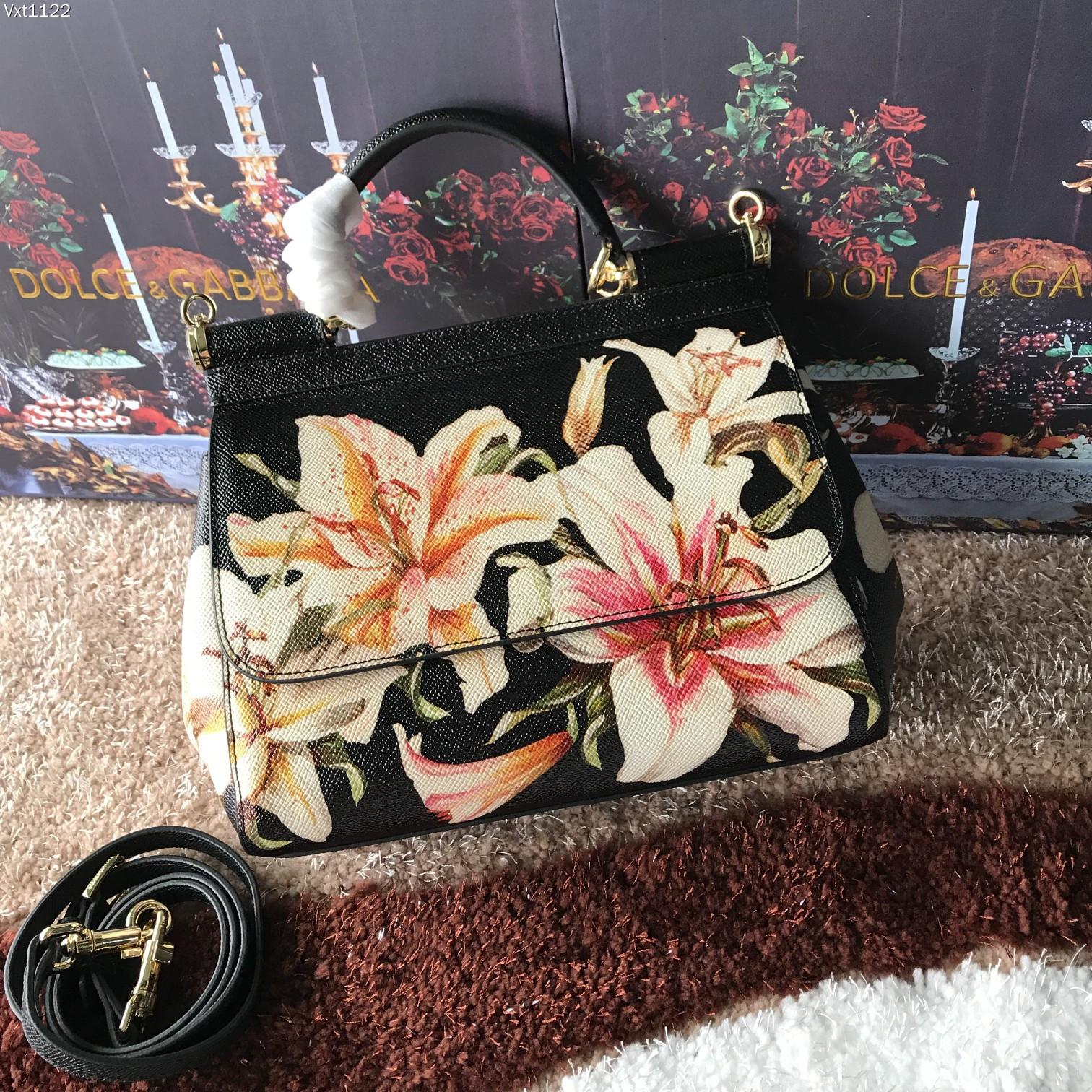Dolce & Gabbana Miss Sicily Bag Printed Leather Small Black
