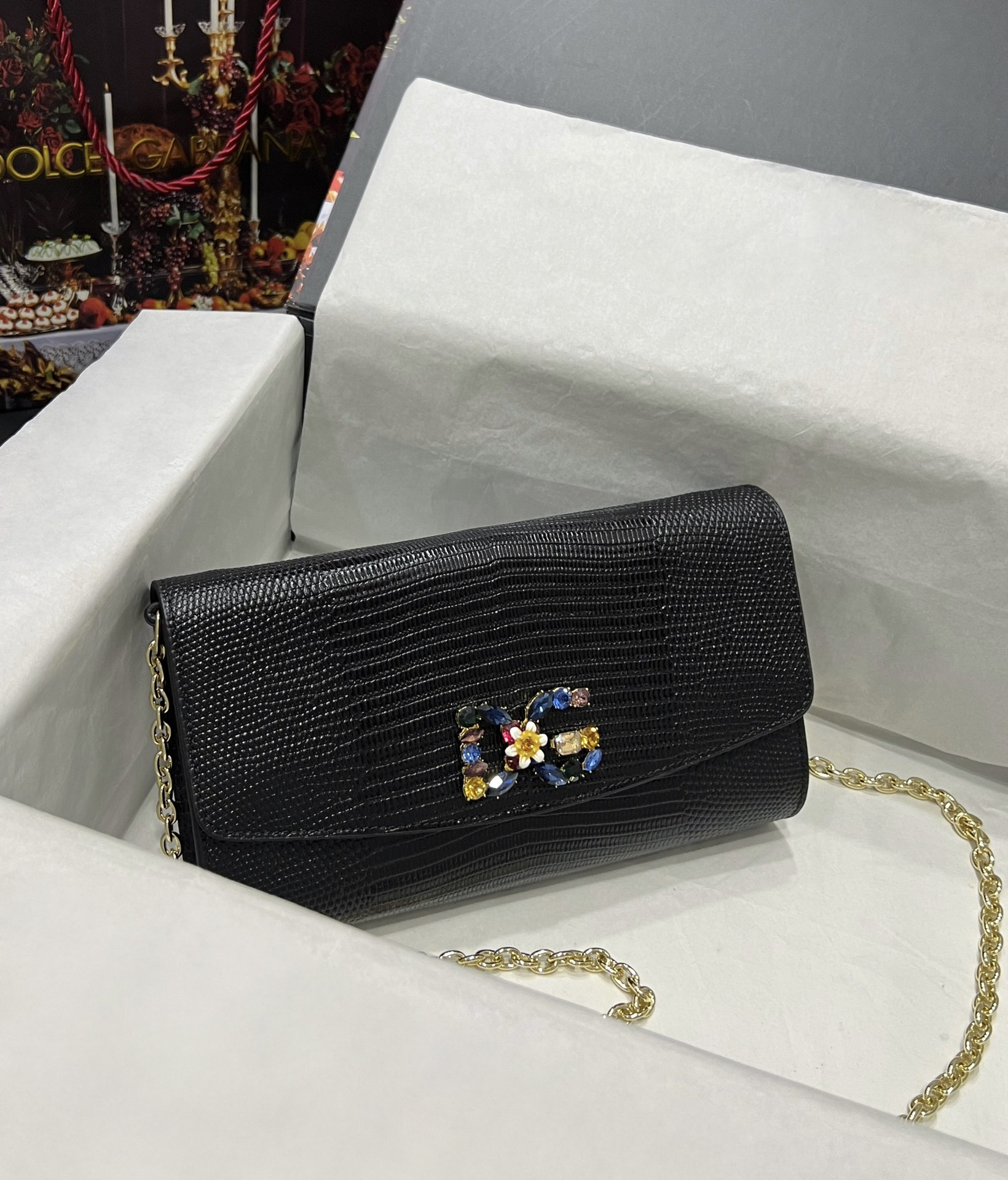 Dolce & Gabbana Black Lizard Embossed Leather Wallet on