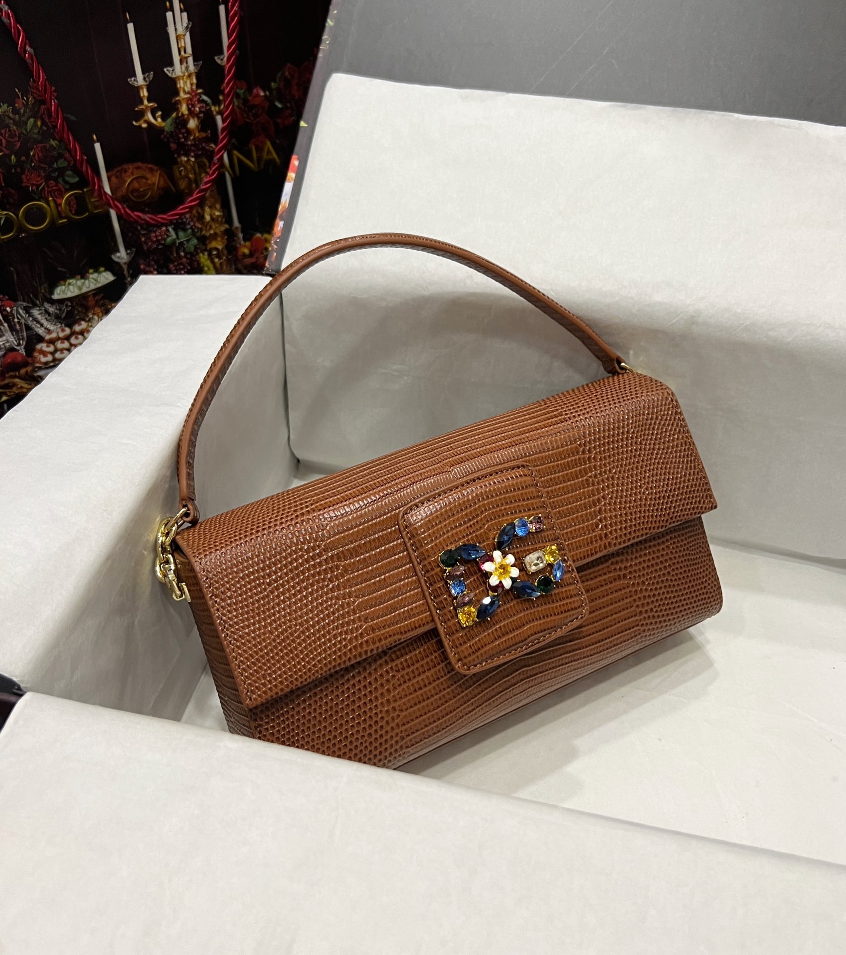 DOLCE & GABBANA RED MILLENNIALS CRYSTALS LOG tote bag in brown