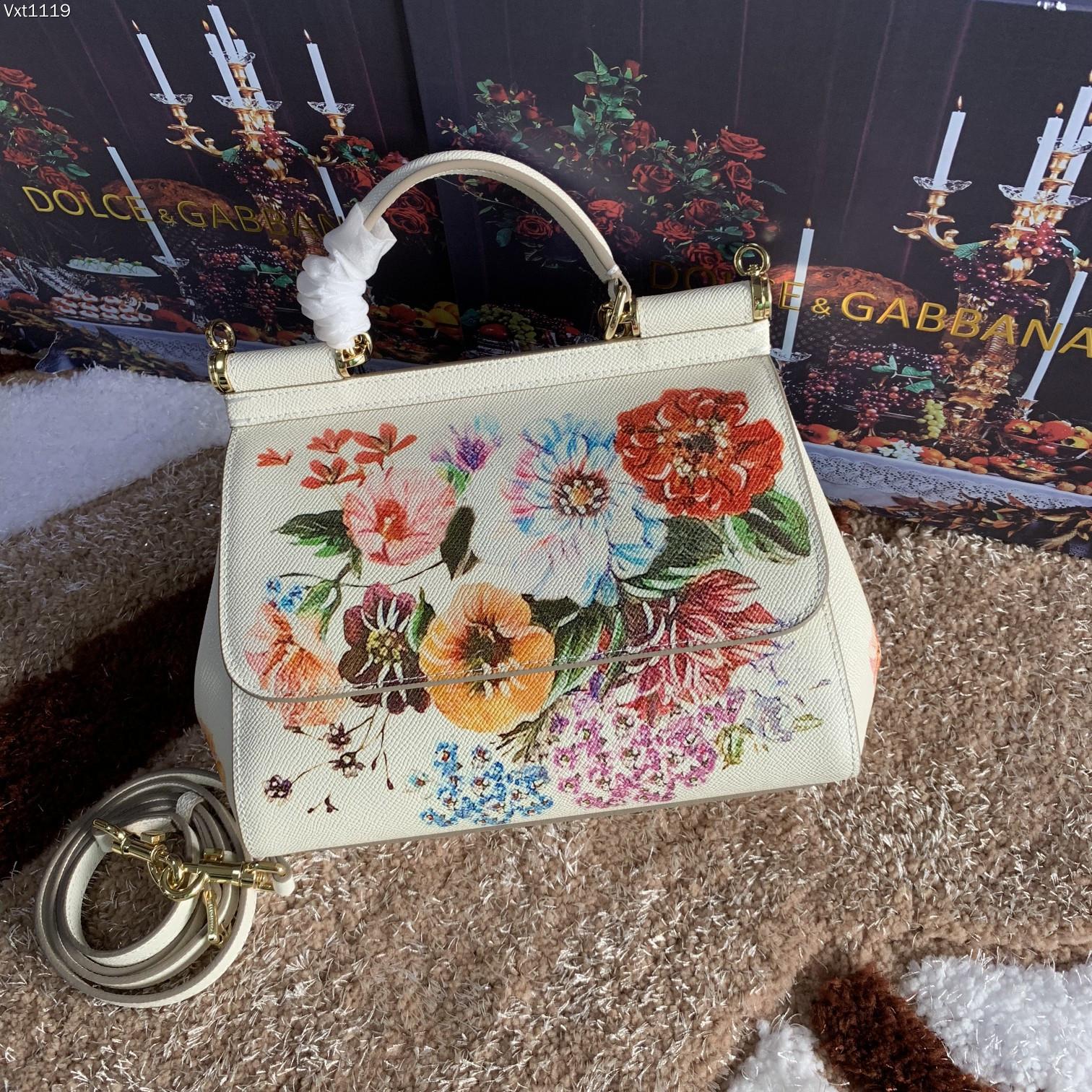 Dolce & Gabbana White Floral Printed Leather Small Miss Sicil