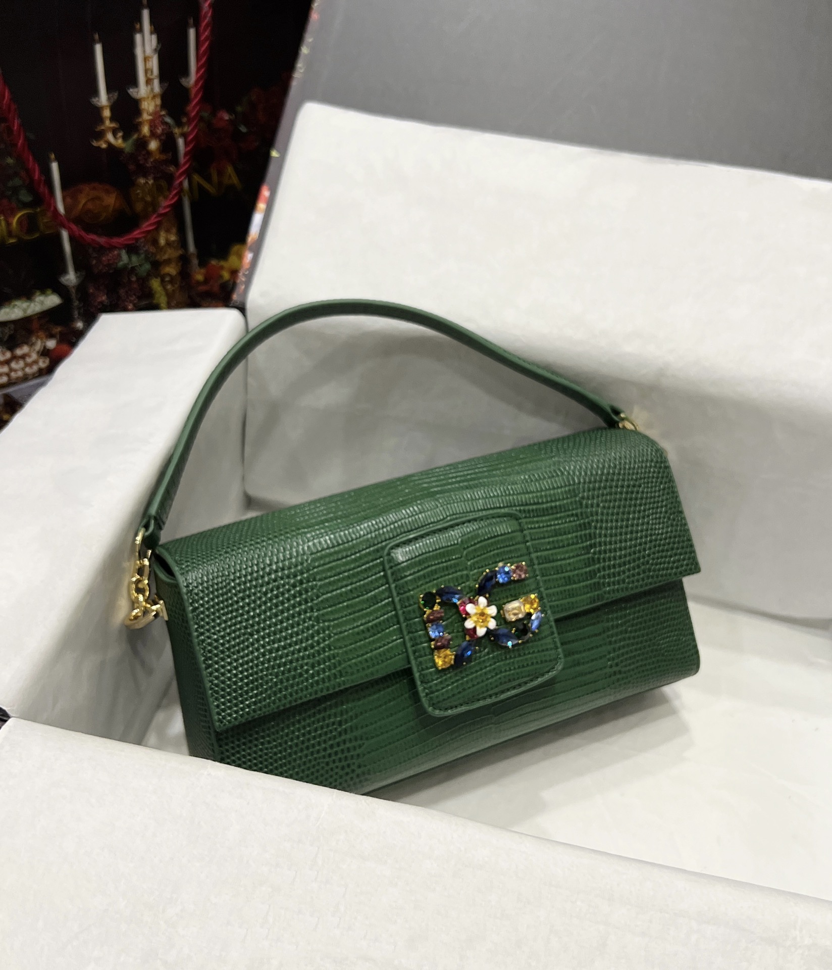 DOLCE & GABBANA RED MILLENNIALS CRYSTALS LOG tote bag in green