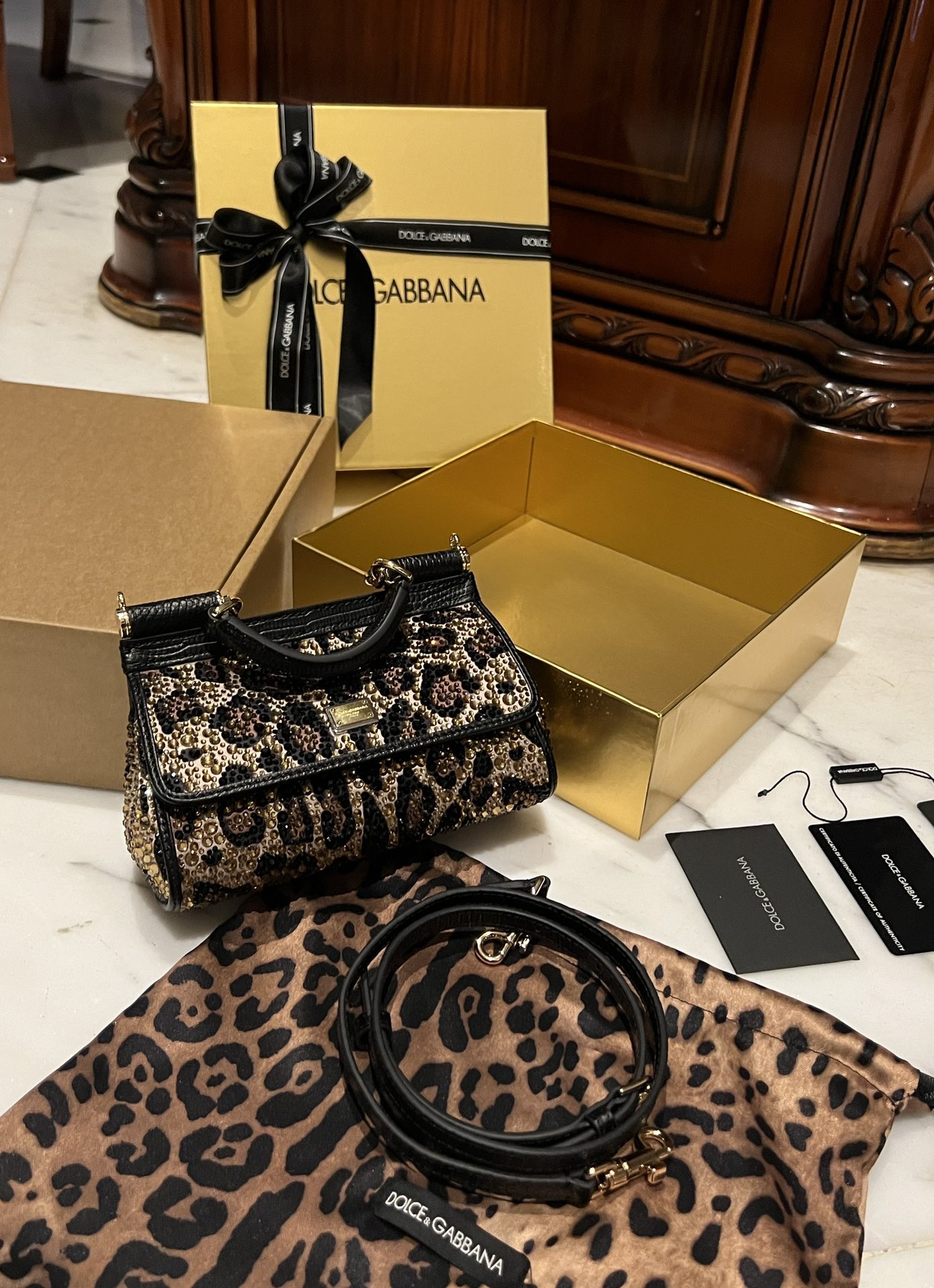 Dolce&Gabbana Embellished Leopard Print Top Handle Bag on SALE