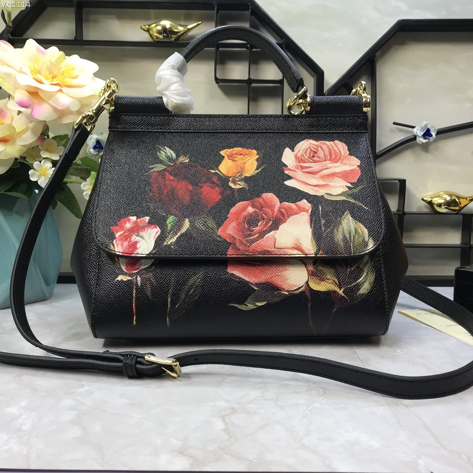 Dolce & Gabbana Miss Sicily Bag Printed Leather Small Black