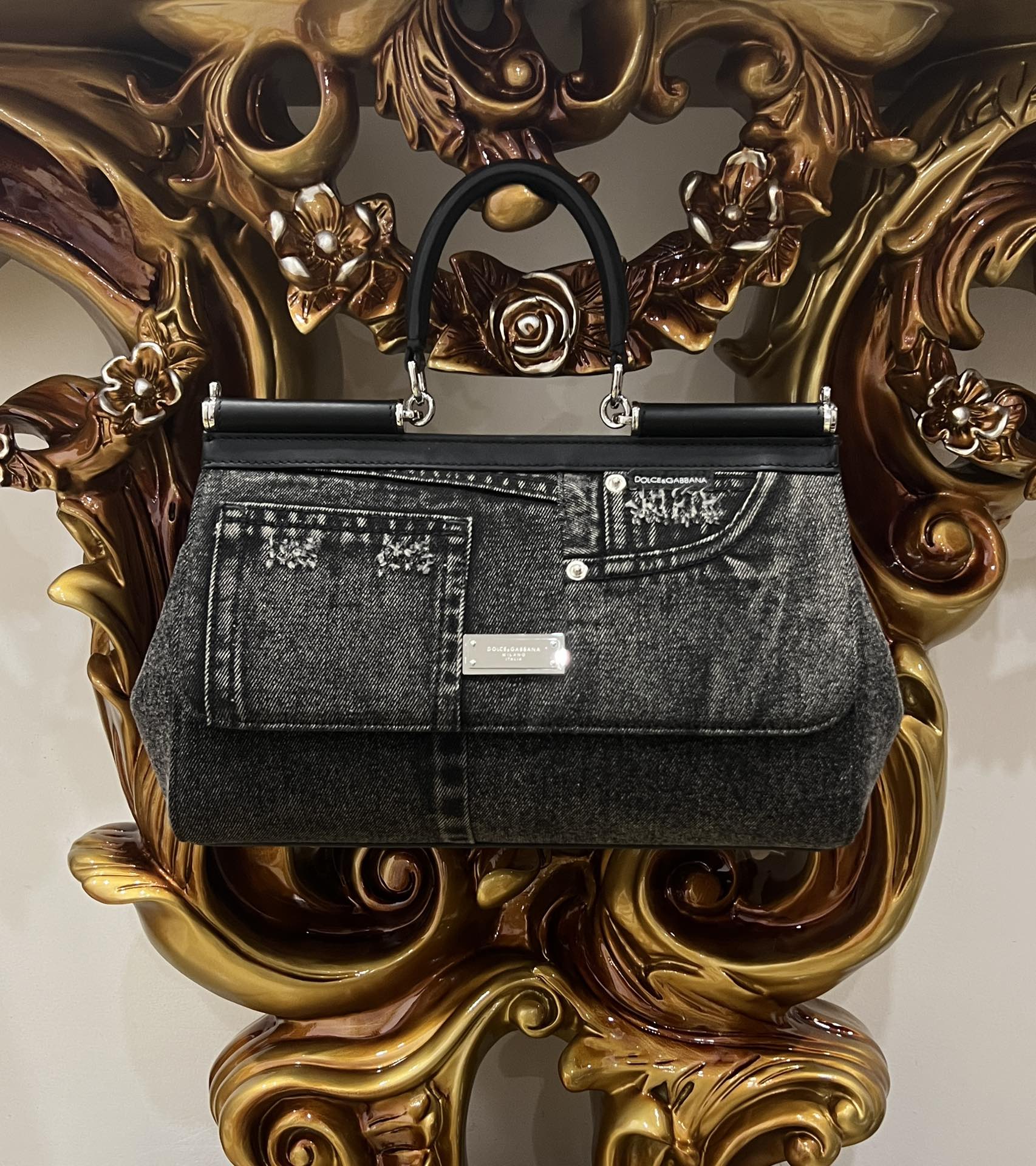 Dolce & Gabbana Sicily bag in calfskin and patchwork denim in Black for