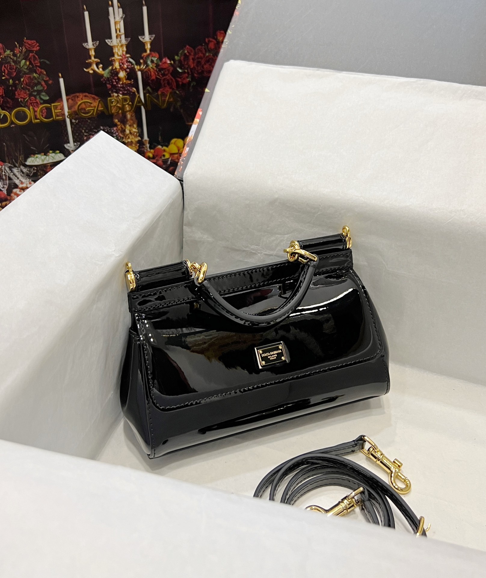 Dolce & Gabbana Sicily Black Patent Leather Crossbody Bag