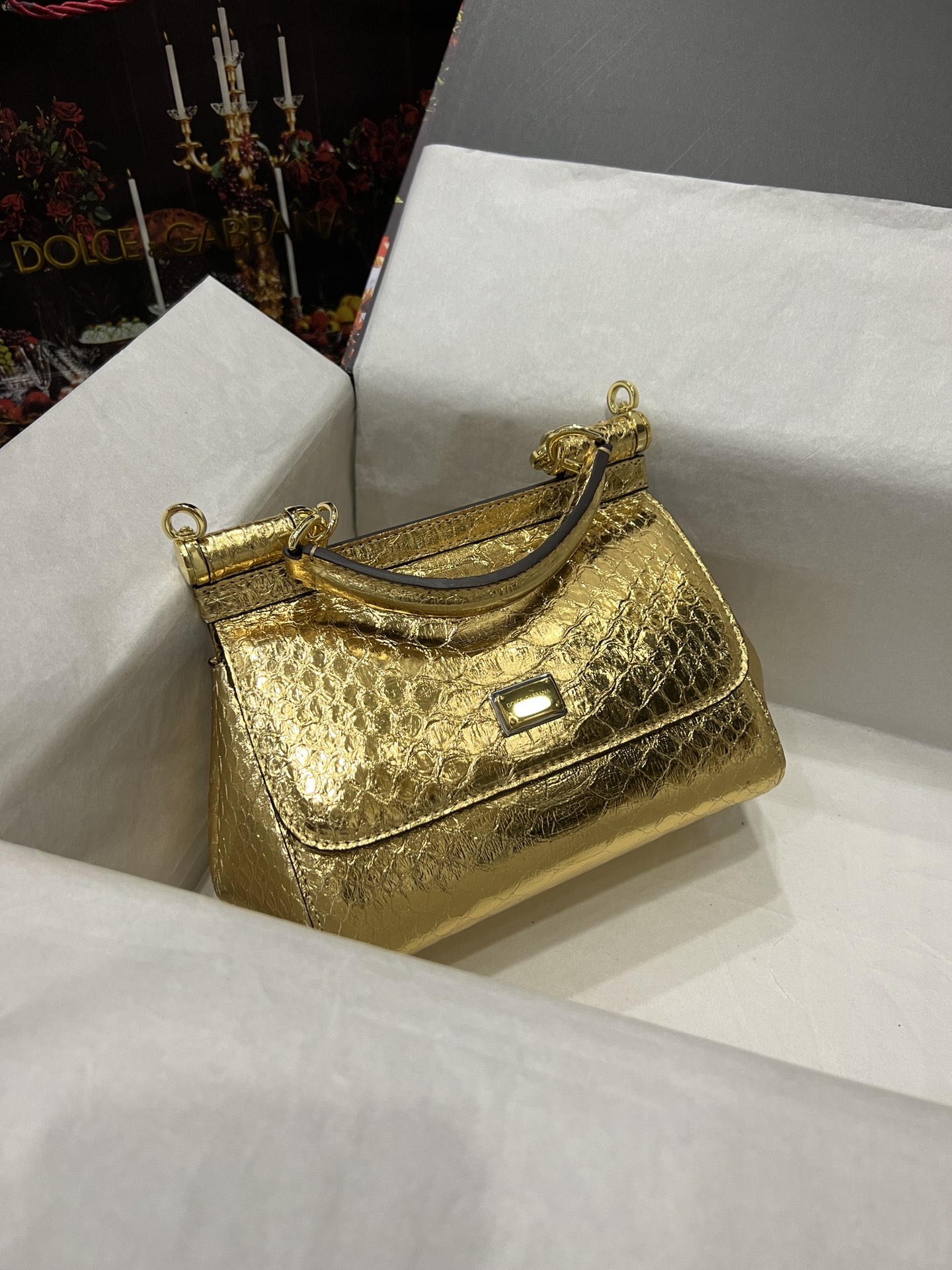 Dolce & Gabbana Calfskin Sicily crossbody bag with crocodile print in Gold for