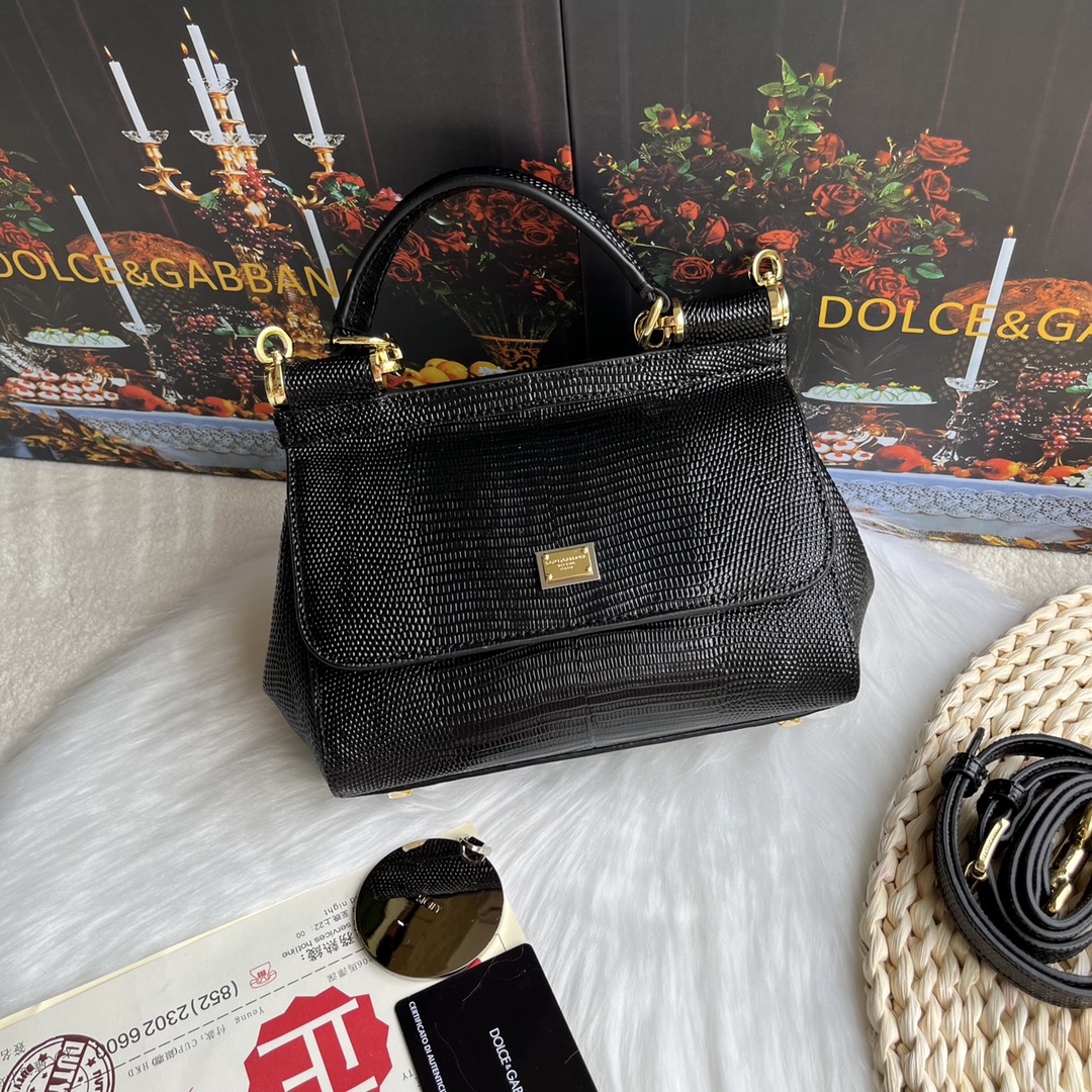 Dolce & Gabbana Green Lizard Embossed Leather Small Miss Sicily Top Handle Bag Dolce &