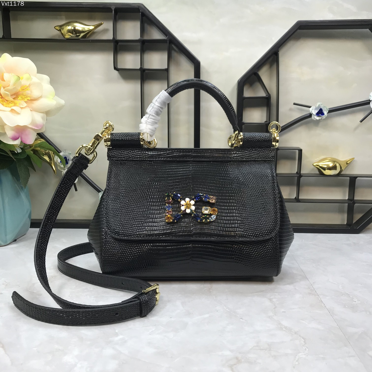 Dolce & Gabbana Black Lizard Embossed Leather Small