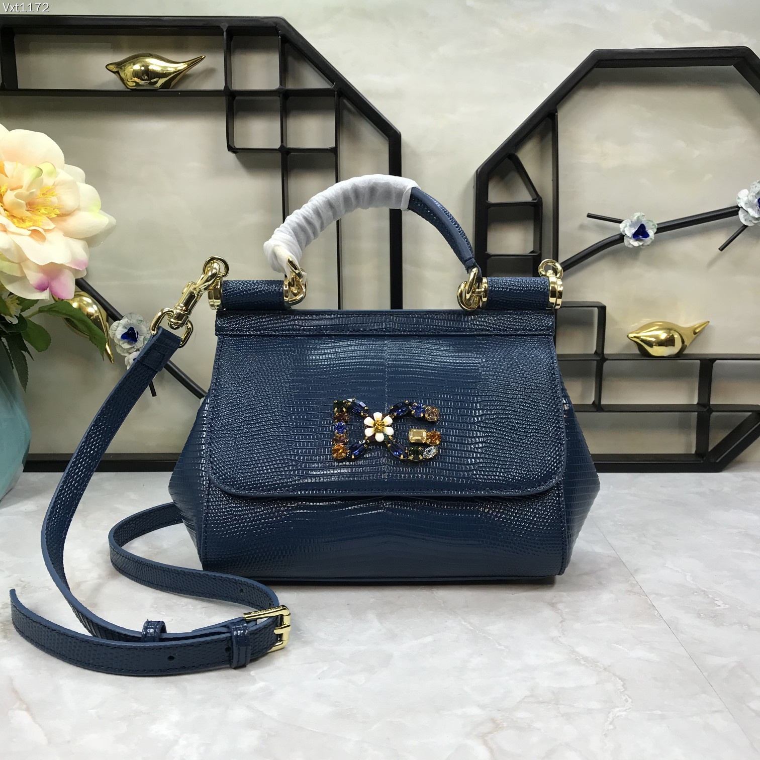 Dolce & Gabbana Blue Iguana Embossed Leather Crystal DG Logo Medium Miss Sicily Bag Dolce & Gabbana | TLC