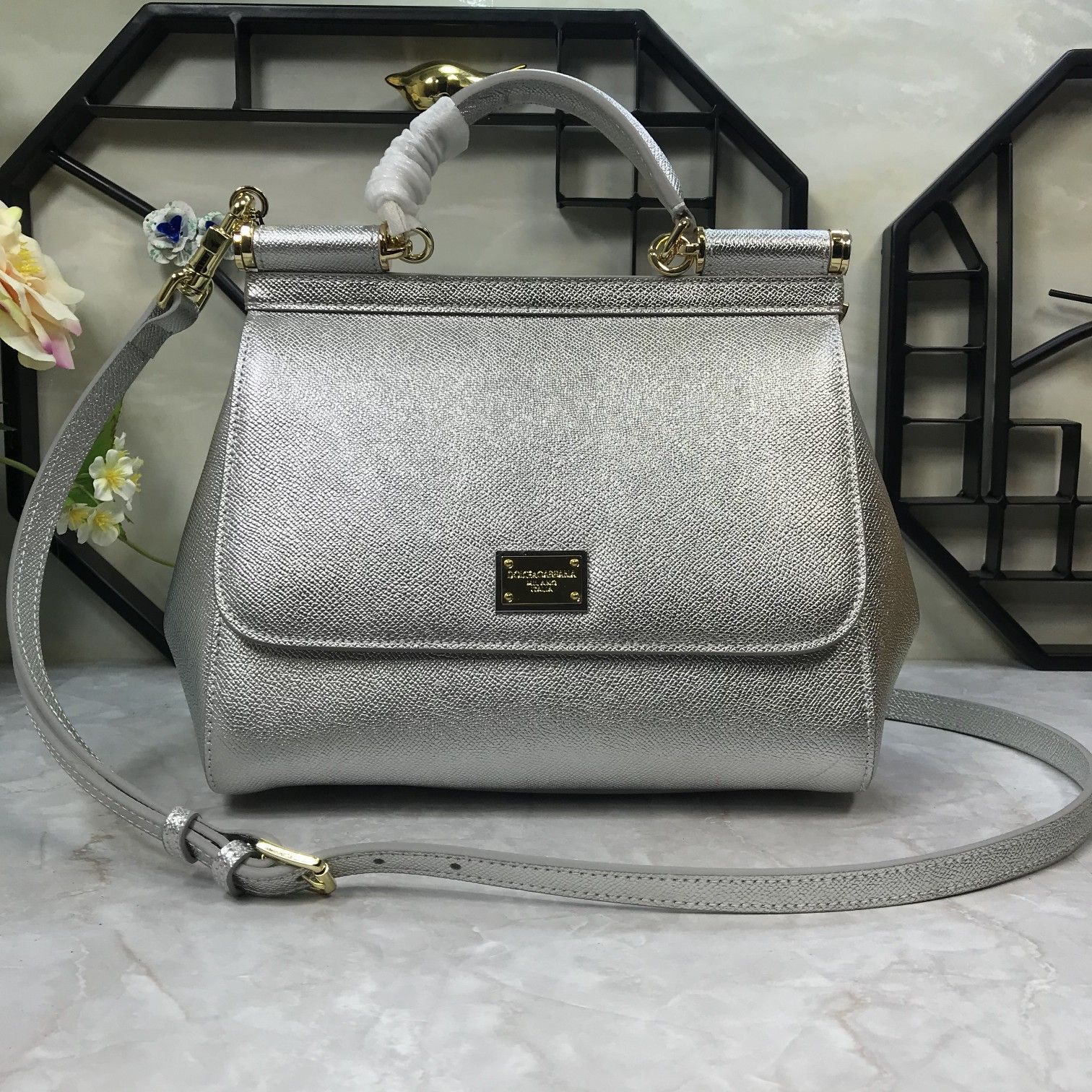 DOLCE GABBANA Metallic Dauphine Mini Miss Sicily siver