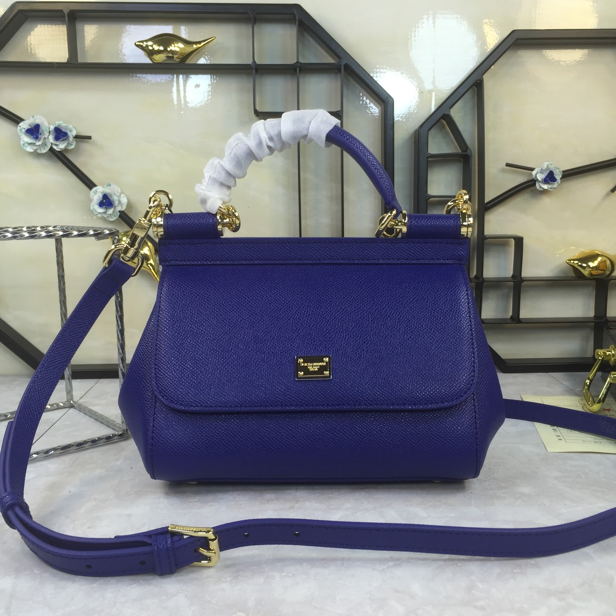 Dolce & Gabbana Grained Leather Mini Sicily Bag w/ Strap blue