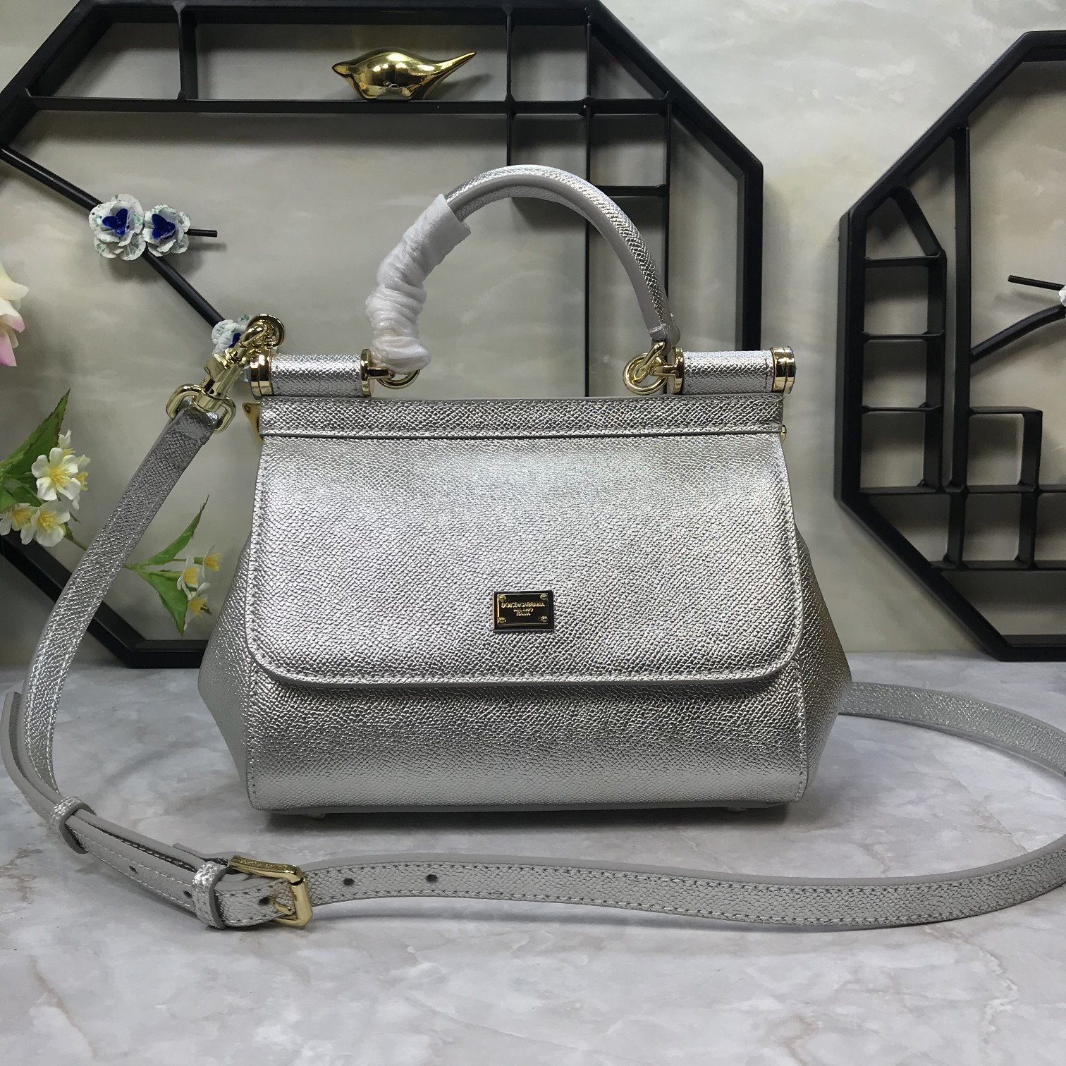 DOLCE GABBANA Metallic Dauphine Mini Miss Sicily Satchel Argento 1305310
