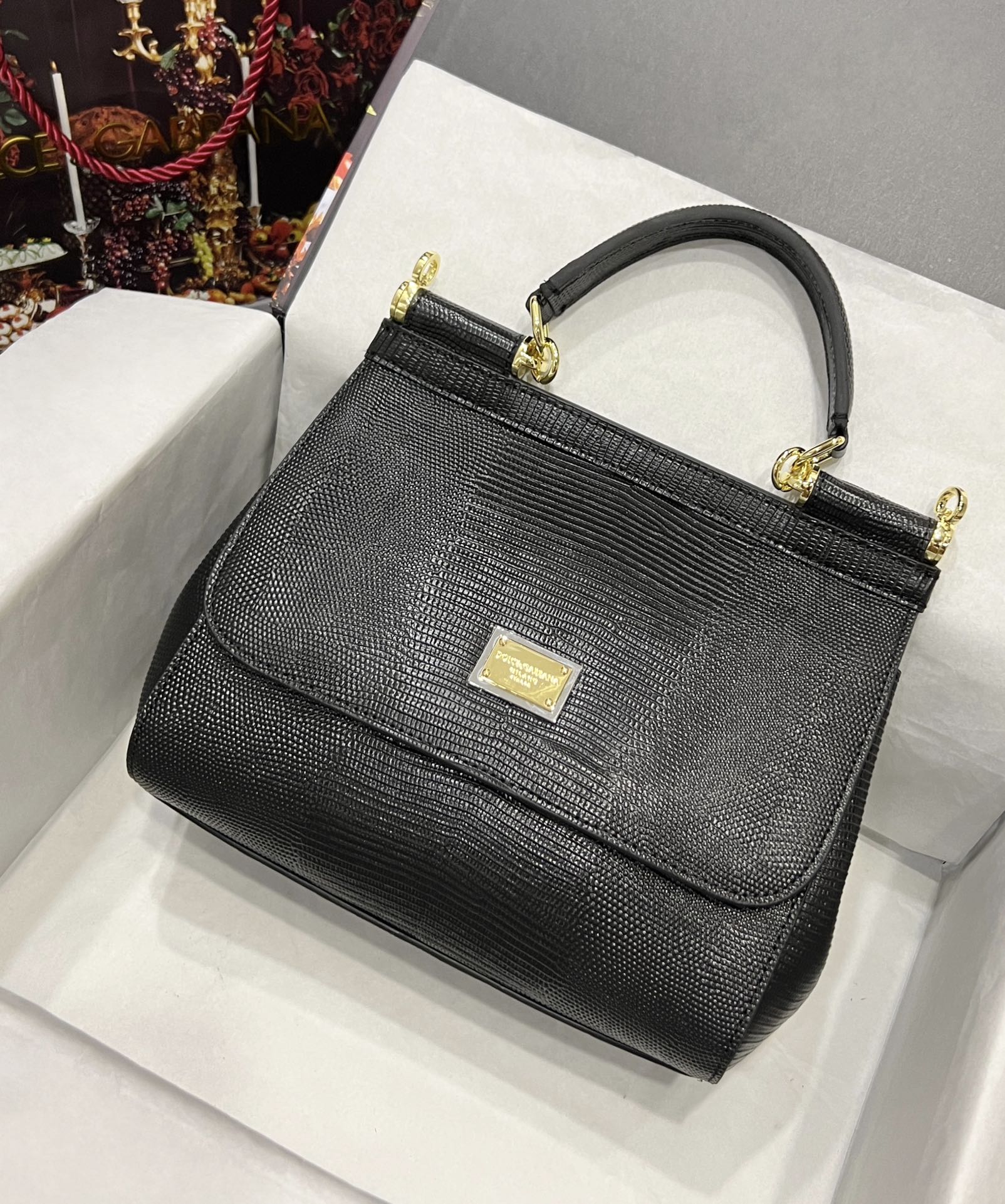 Dolce & Gabbana Black Lizard Embossed Leather Small Miss Sicily Top Handle Bag Dolce & Gabbana | TLC