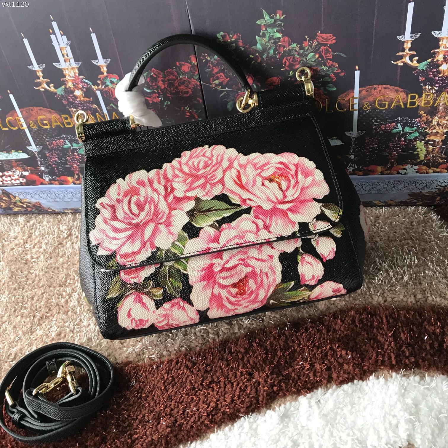 DOLCE & GABBANA Dauphine Rose Print Medium Miss Sicily Satchel Black 302453