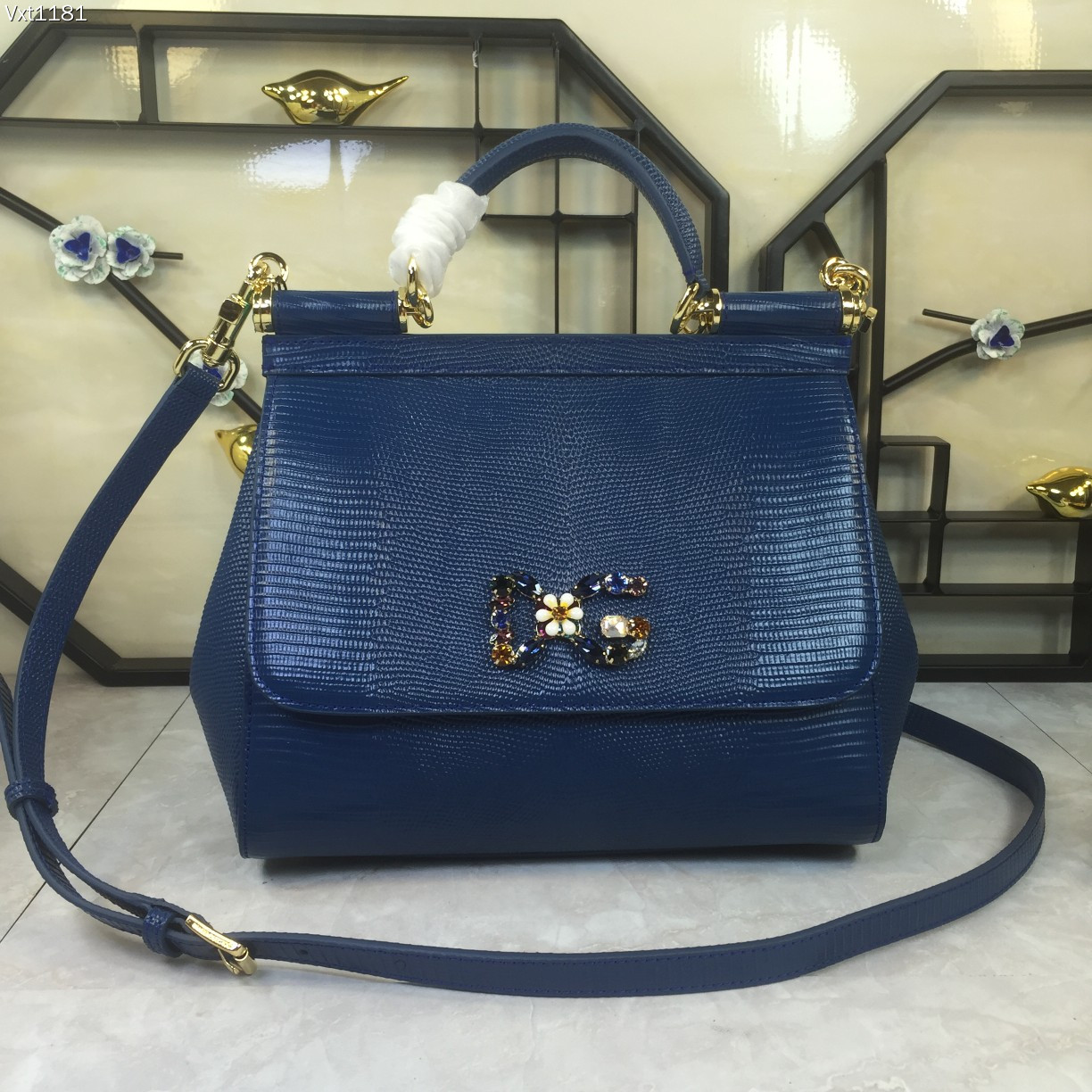 Dolce & Gabbana Blue Iguana Embossed Leather Crystal DG