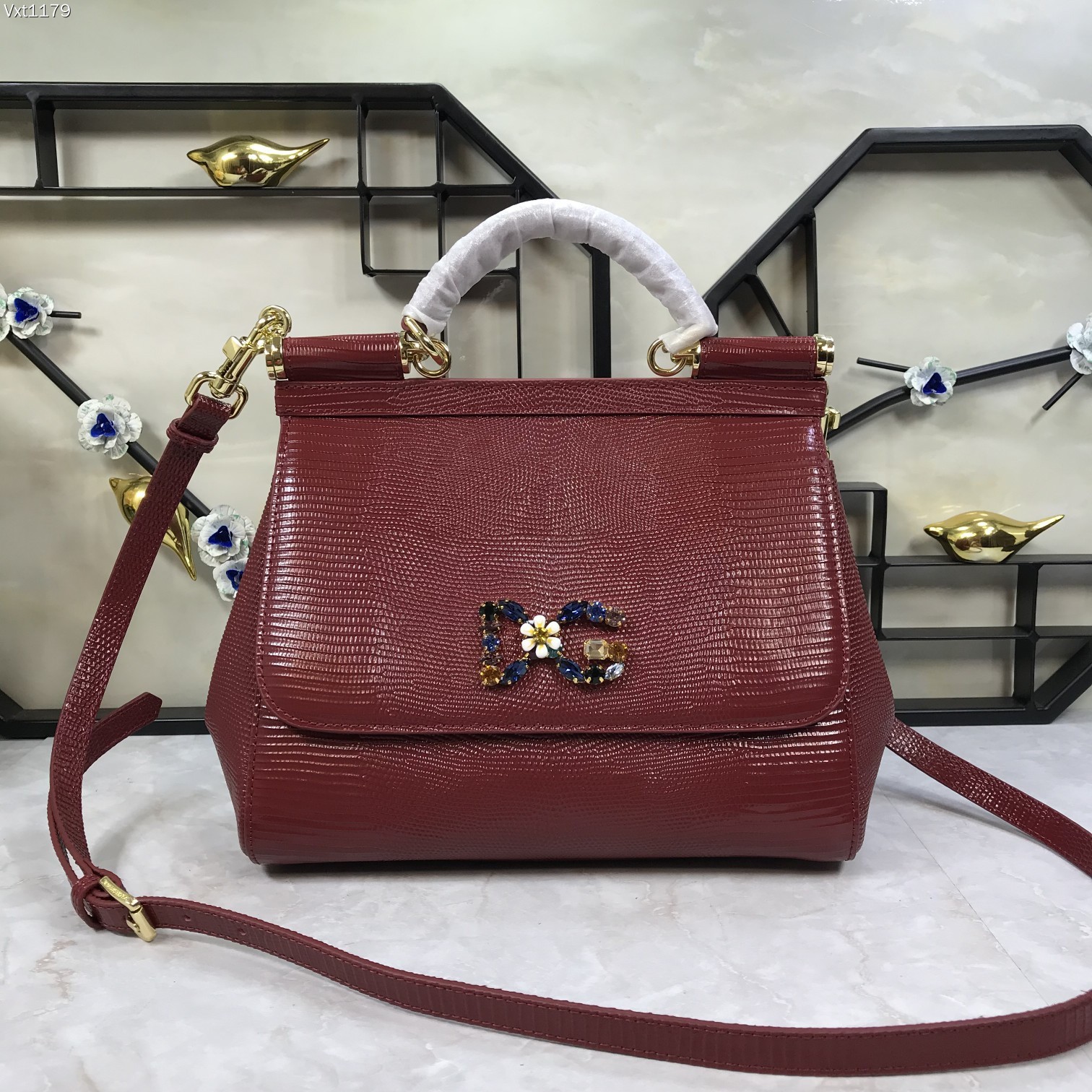 DOLCE & GABBANA Handbag Red Leather Sicily Logo Crystal